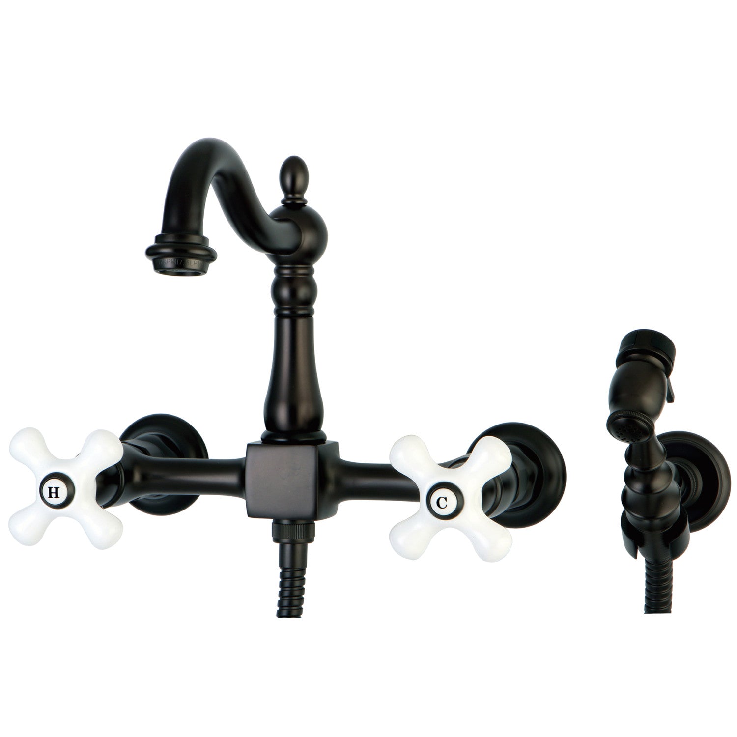 Kingston Heirloom KS1265PXBS - Robinet de cuisine à deux poignées Heritage 3 trous Wall Mount Bridge avec pulvérisateur en laiton, bronze à l'huile