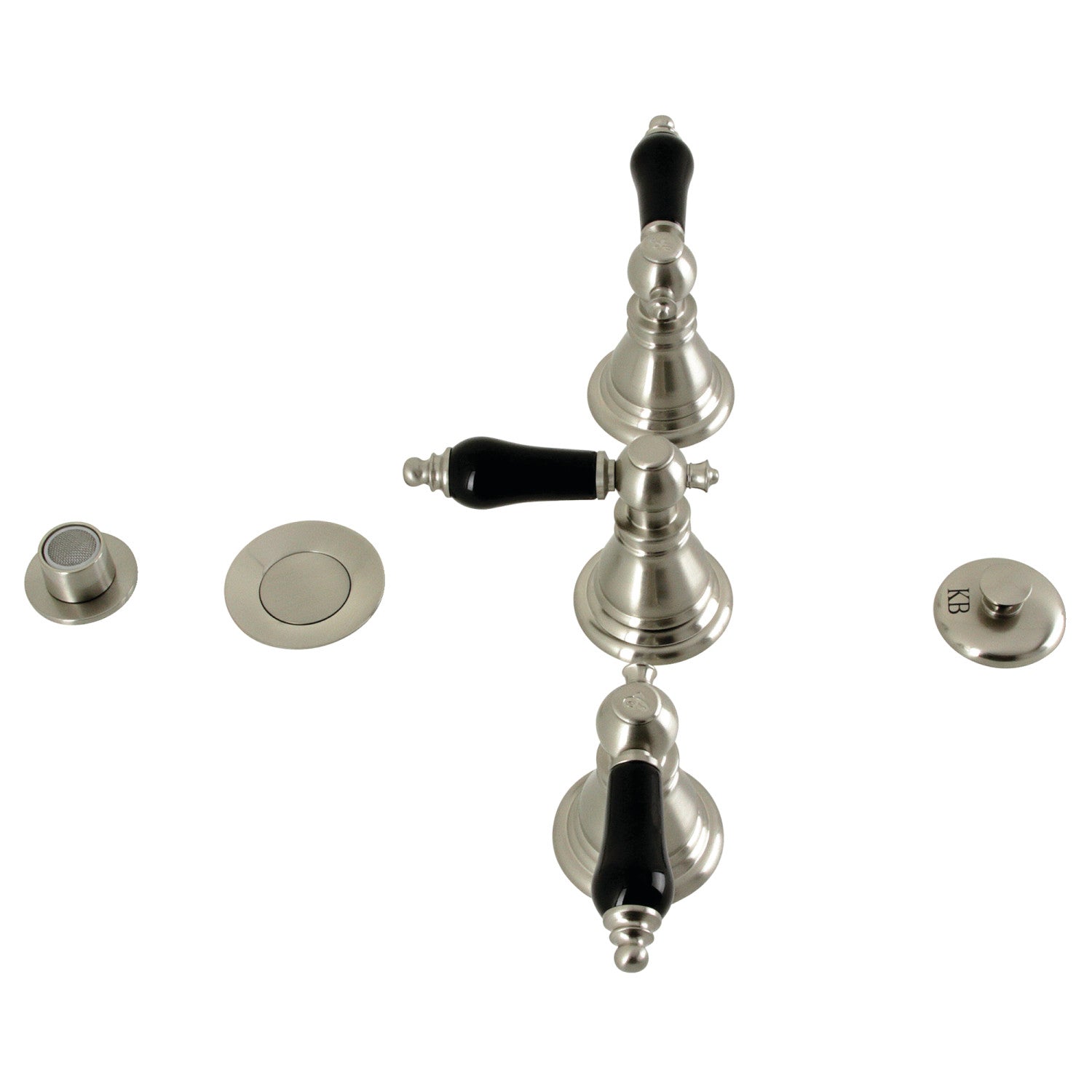 Kingston Heirloom KB328AKL - Robinet de bidet vertical à trois poignées avec couvercle en laiton, nickel brossé
