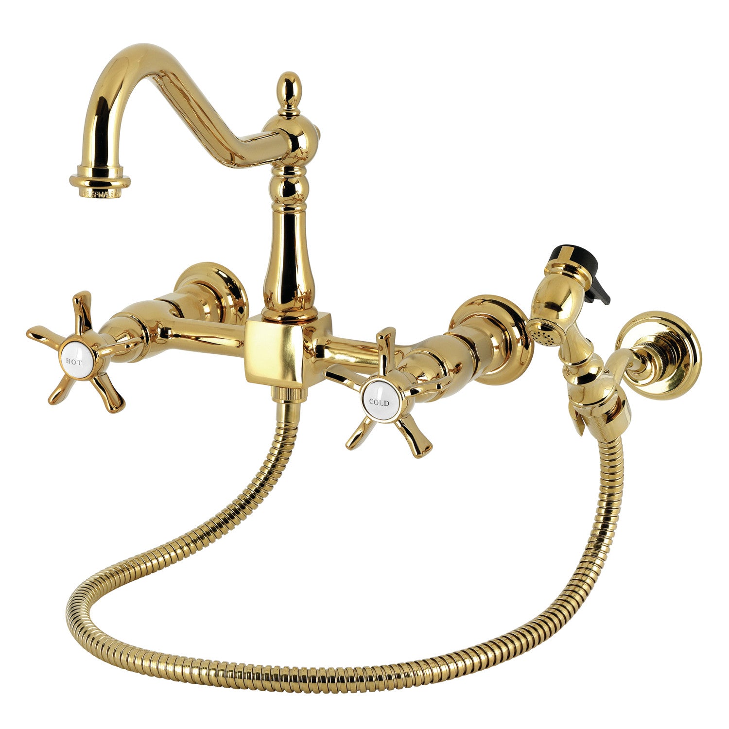 Kingston Heirloom KS1242NXBS - Robinet de cuisine à deux poignées 3 trous Wall Mount Bridge avec pulvérisateur en laiton, laiton poli