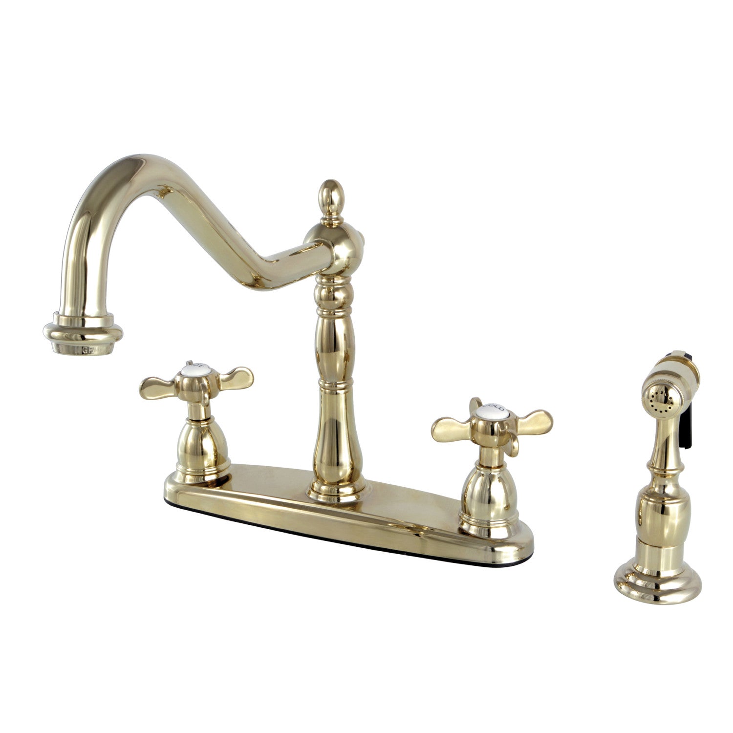 Kingston Heirloom KB1752BEXBS - Robinet de cuisine central à deux poignées Essex 4 trous 8" avec pulvérisateur en laiton poli