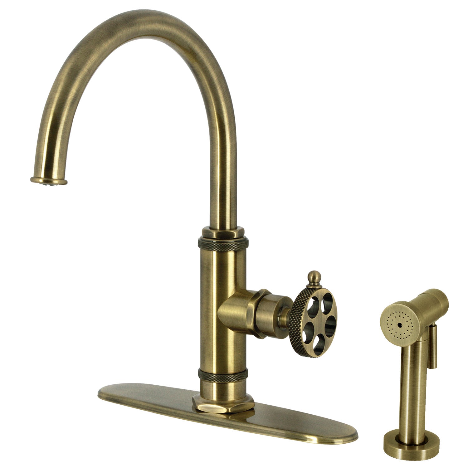 Kingston Sona KS2433RKX - Webb Robinet de cuisine à une poignée 1 trou avec poignée moletée et pulvérisateur latéral en laiton, laiton antique