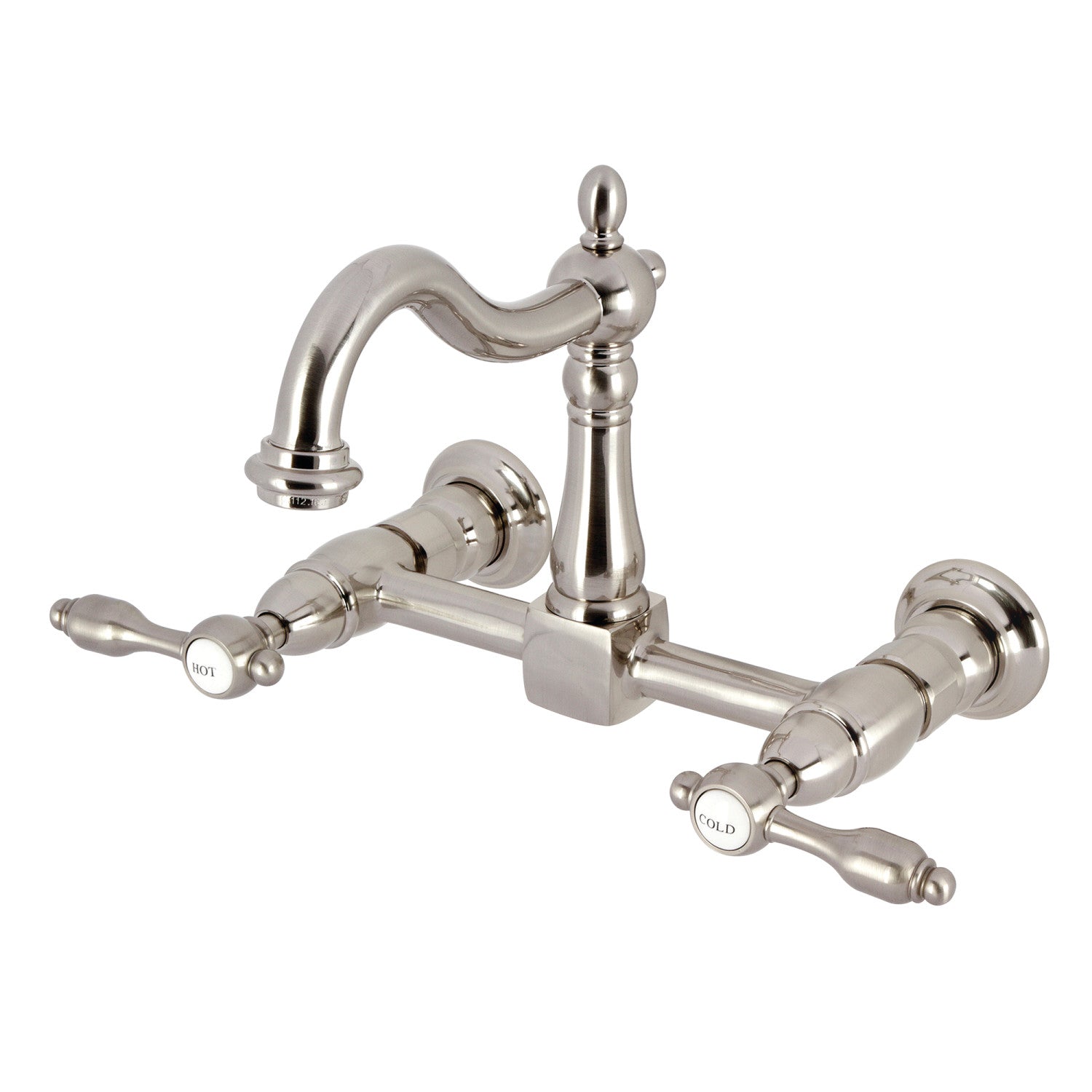 Kingston Heirloom KS1268TAL - Robinet de cuisine à deux poignées Tudor 2 trous Wall Mount Bridge, nickel brossé