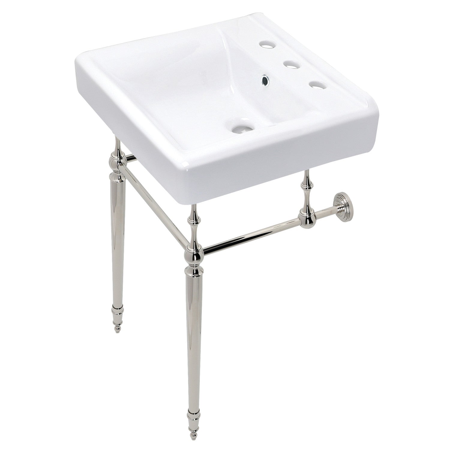 Kingston Heirloom KVPB2018W86 - Edwardian 20-Inch Porcelain Console Sink with Brass Legs (8-Inch, 3-Hole), White/Polished Nickel