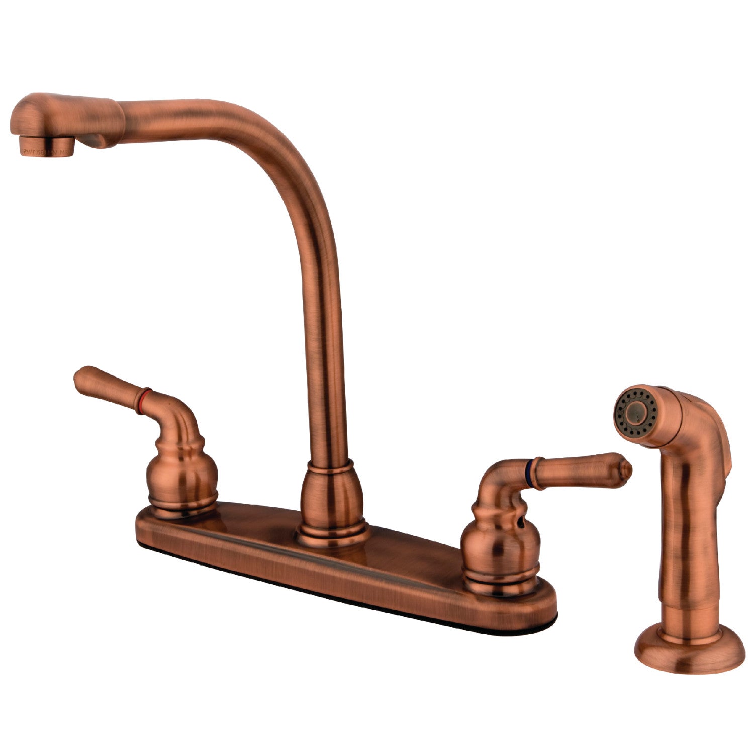 Kingston Tulare KB756SP - Robinet de cuisine à deux poignées Magellan 4 trous 8" avec pulvérisateur latéral, cuivre antique