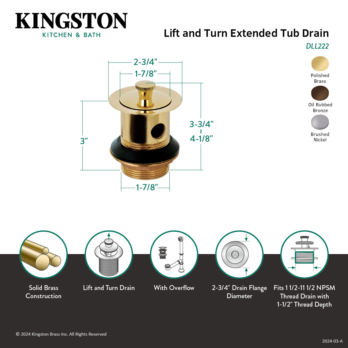 Kingston Trimscape DLL225 Brass Lift and Turn Tub Drain with Overflow, Oil Rubbed Bronze