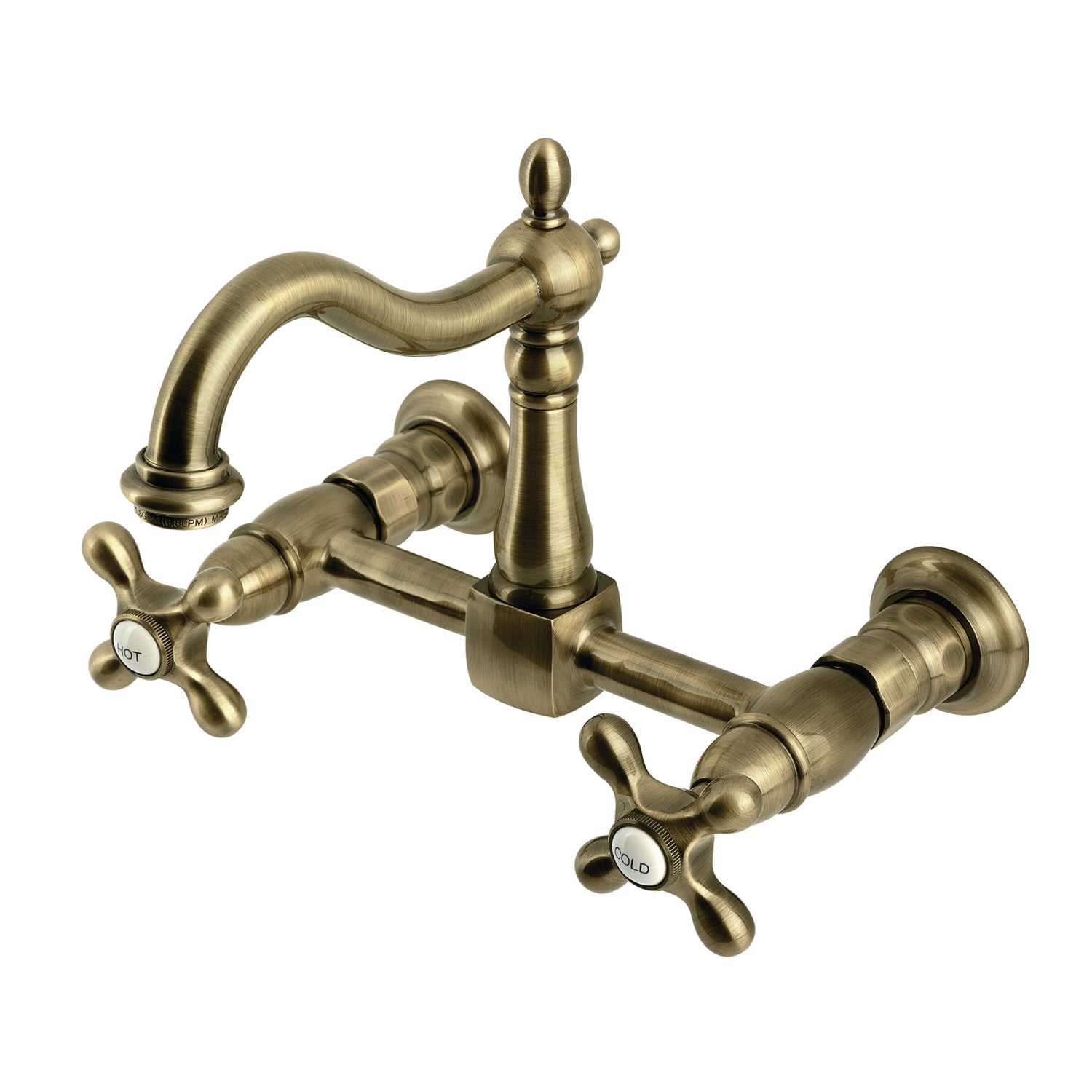 Kingston Heirloom KS1263AX - Robinet de cuisine à deux poignées Heritage 2 trous Wall Mount Bridge, laiton antique