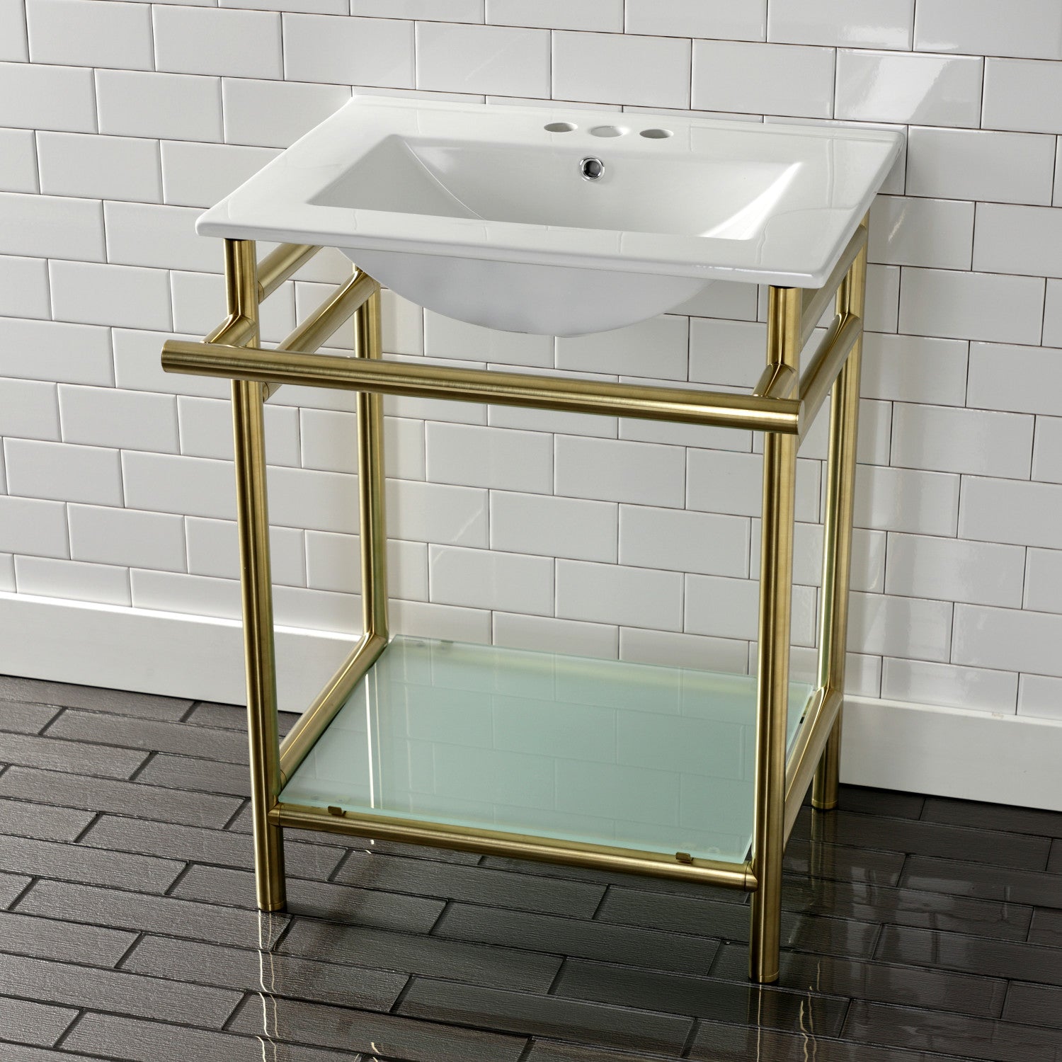 Kingston Sona VPB24187W47 - Sheridan 24-Inch Ceramic Console Sink with Stainless Steel Legs and Glass Shelf (4-Inch, 3-Hole), White/Brushed Brass