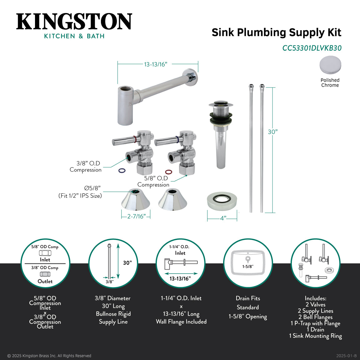 Kingston Sona CC53301DLVKB30 - Trimscape Modern Plumbing Sink Trim Kit with Bottle Trap and Drain, Polished Chrome
