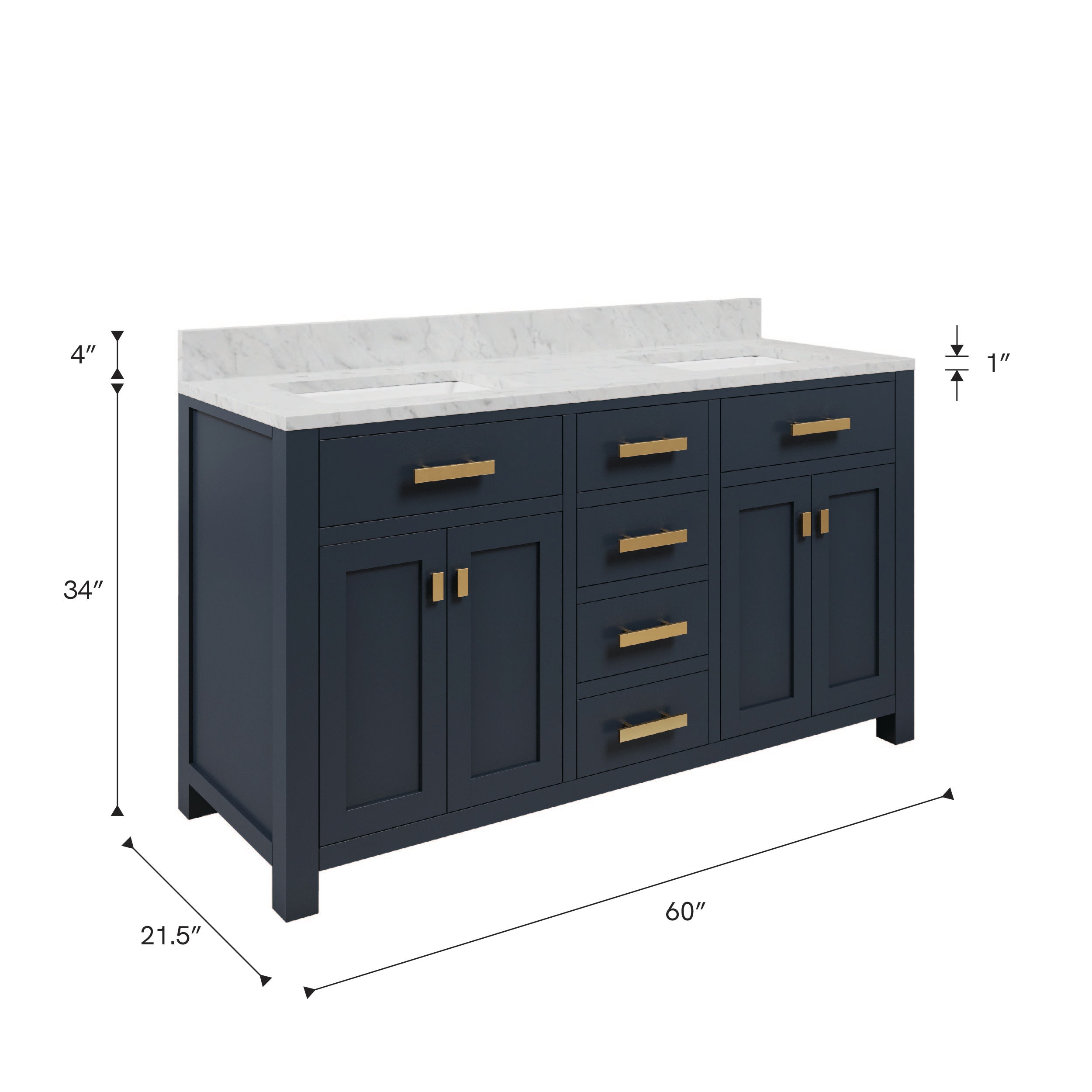 Kingston Luxe MS60CW06MB - 60 in. x 21.5 in. Bathroom Vanity Marble Top in Carrara White and White Basin, Monarch Blue