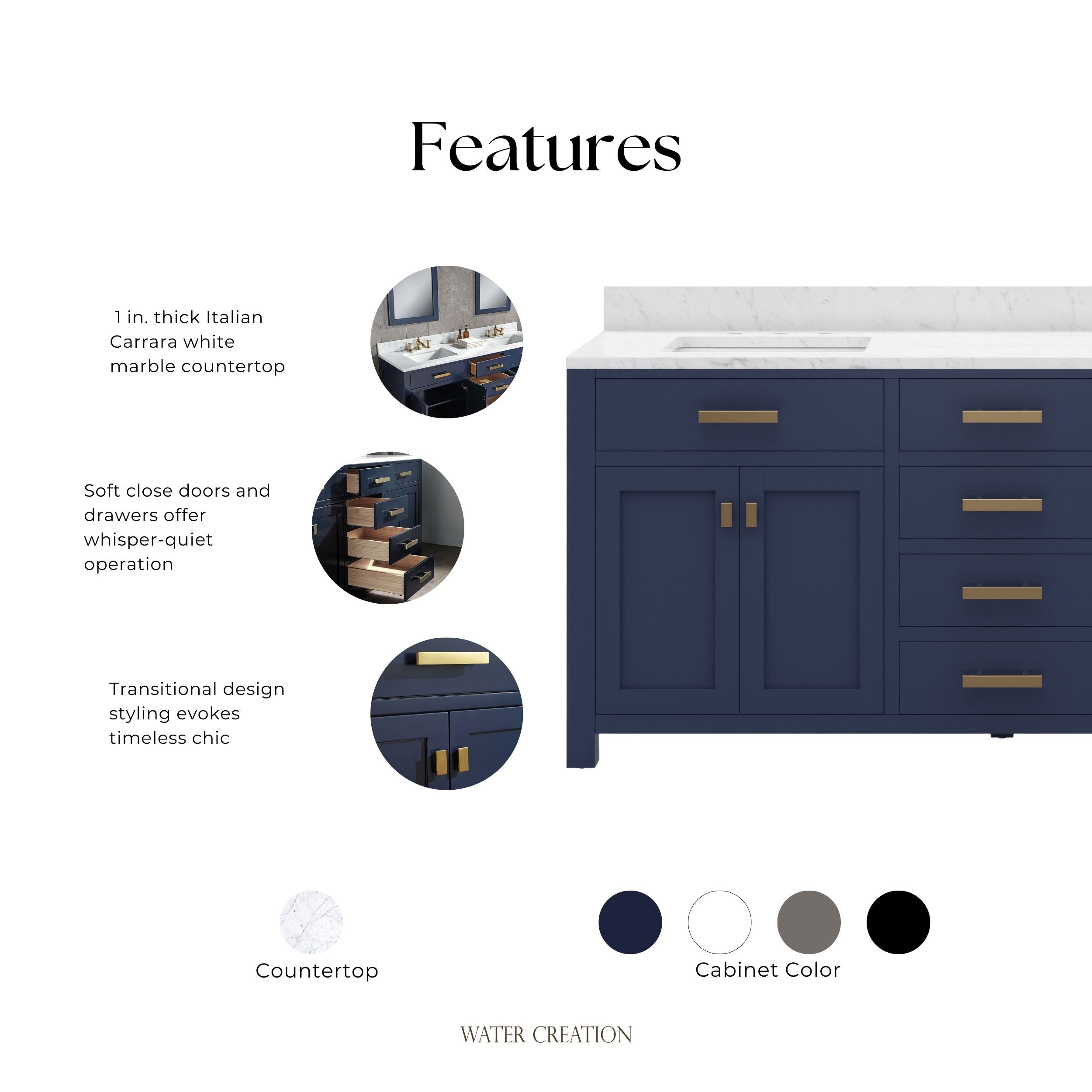 Kingston Luxe MS72CW06MB - 72 in. x 21.5 in. Bathroom Vanity Carrara White Marble Top and White Basins, Monarch Blue