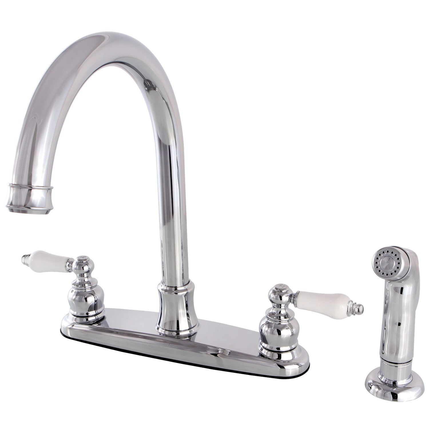 Kingston Tulare FB7791PLSP - Robinet de cuisine central à deux poignées victorienne 4 trous 8" avec pulvérisateur latéral, chrome poli