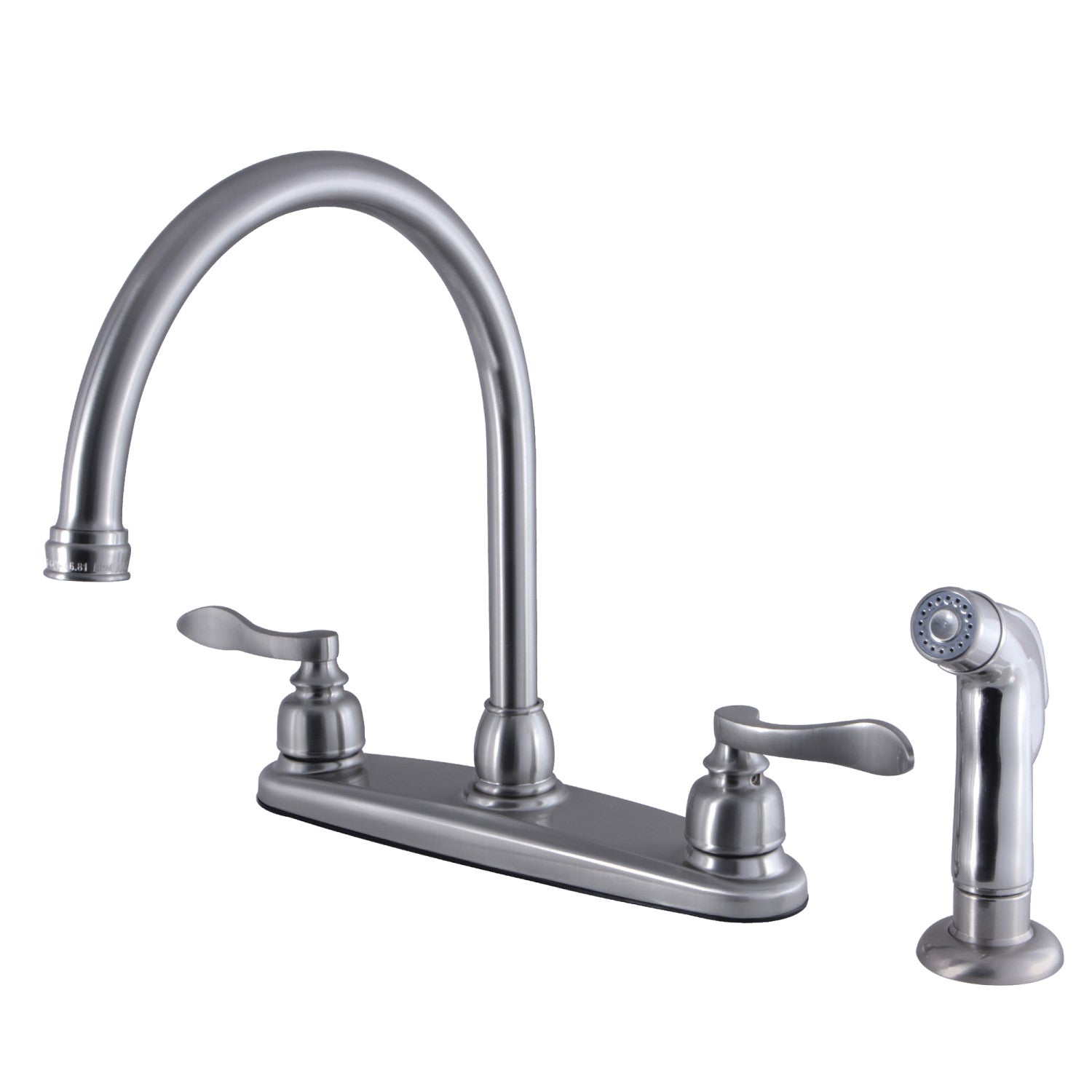 Kingston Tulare FB798NFLSP - NuWave Robinet de cuisine à deux poignées français 4 trous 8" avec pulvérisateur latéral, nickel brossé