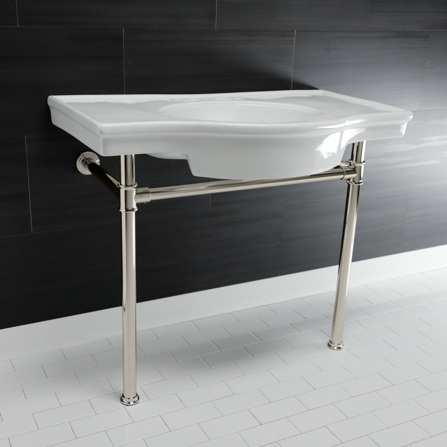 Kingston Tulare VPB1376ST - Templeton 37-Inch Ceramic Console Sink with Stainless Steel Legs (8-Inch, 3-Hole), White/Polished Nickel