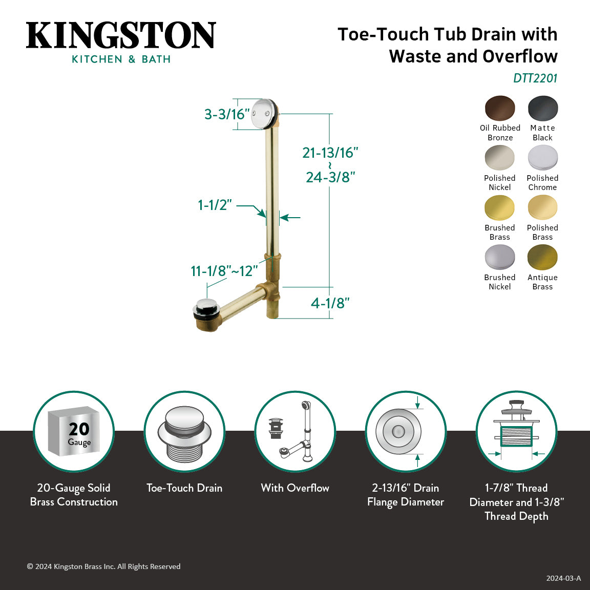 Kingston Tulare DTT2206 - Made To Match 25-Inch Brass Toe Touch Tub Waste and Overflow, Polished Nickel