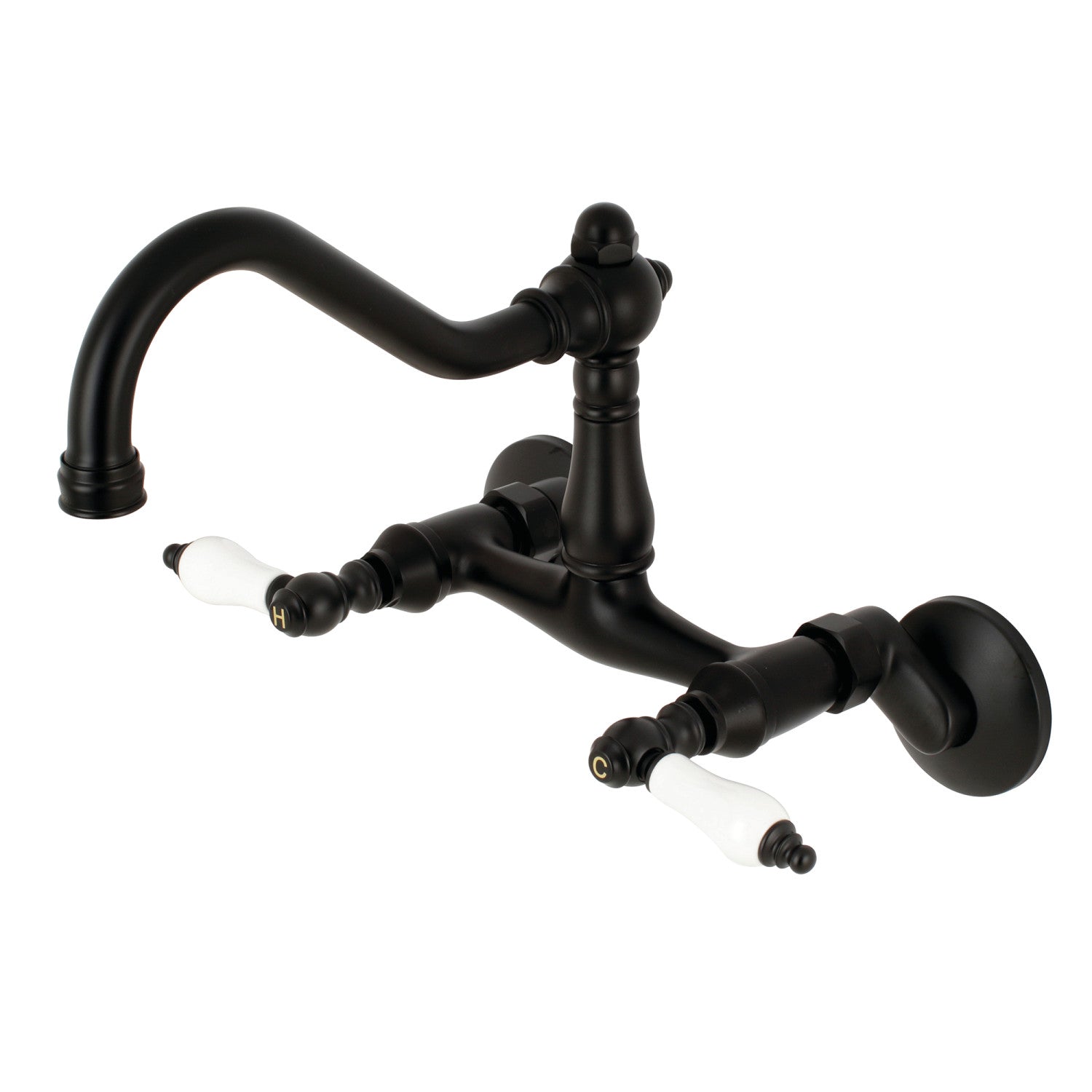 Kingston Heirloom KS3220PL - Robinet de cuisine à deux poignées vintage 2 trous Wall Mount Bridge, noir mat