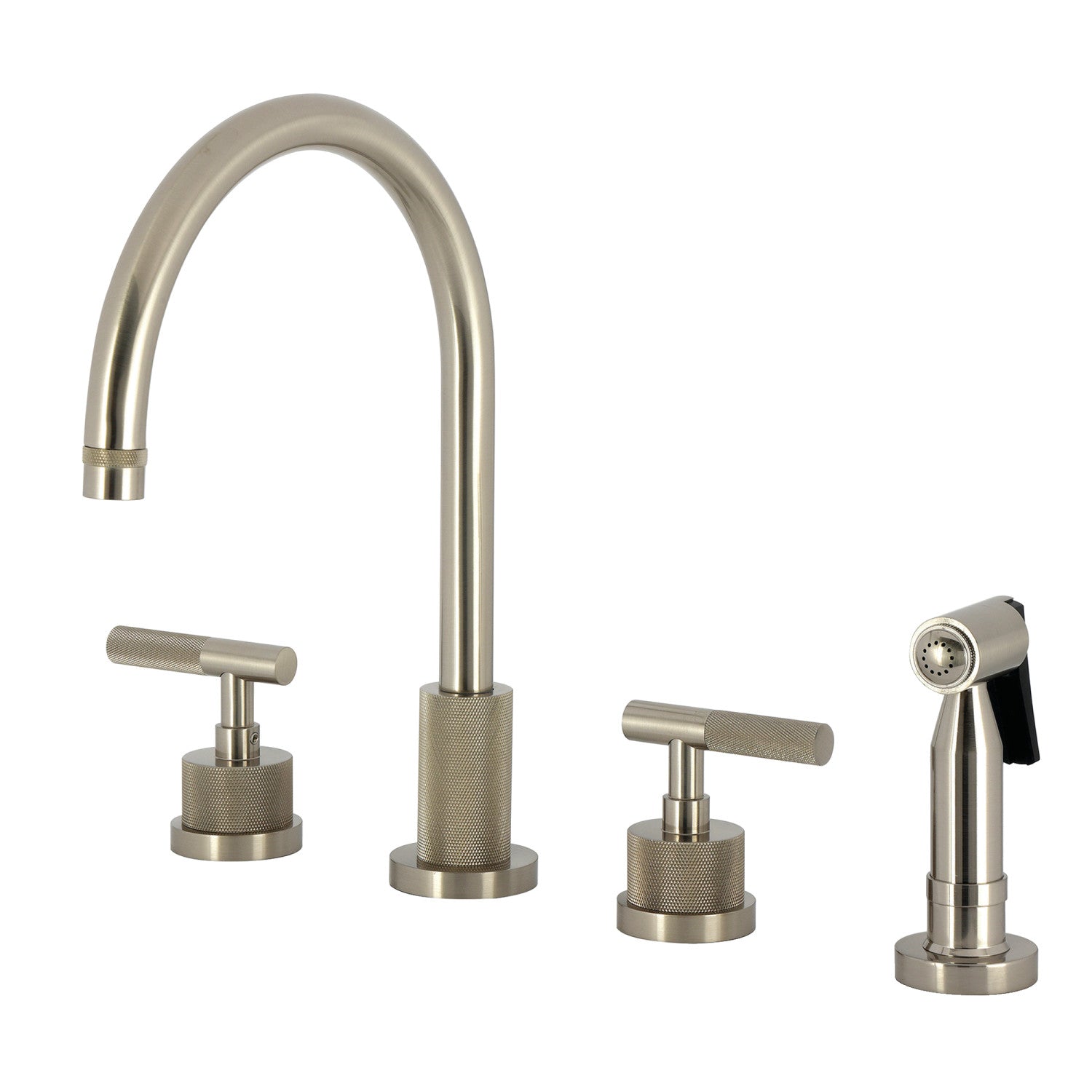 Kingston Sona KS8728KNLBS - Robinet de cuisine à double poignée convergente 4 trous avec poignée moletée 4 trous et pulvérisateur en laiton, nickel brossé