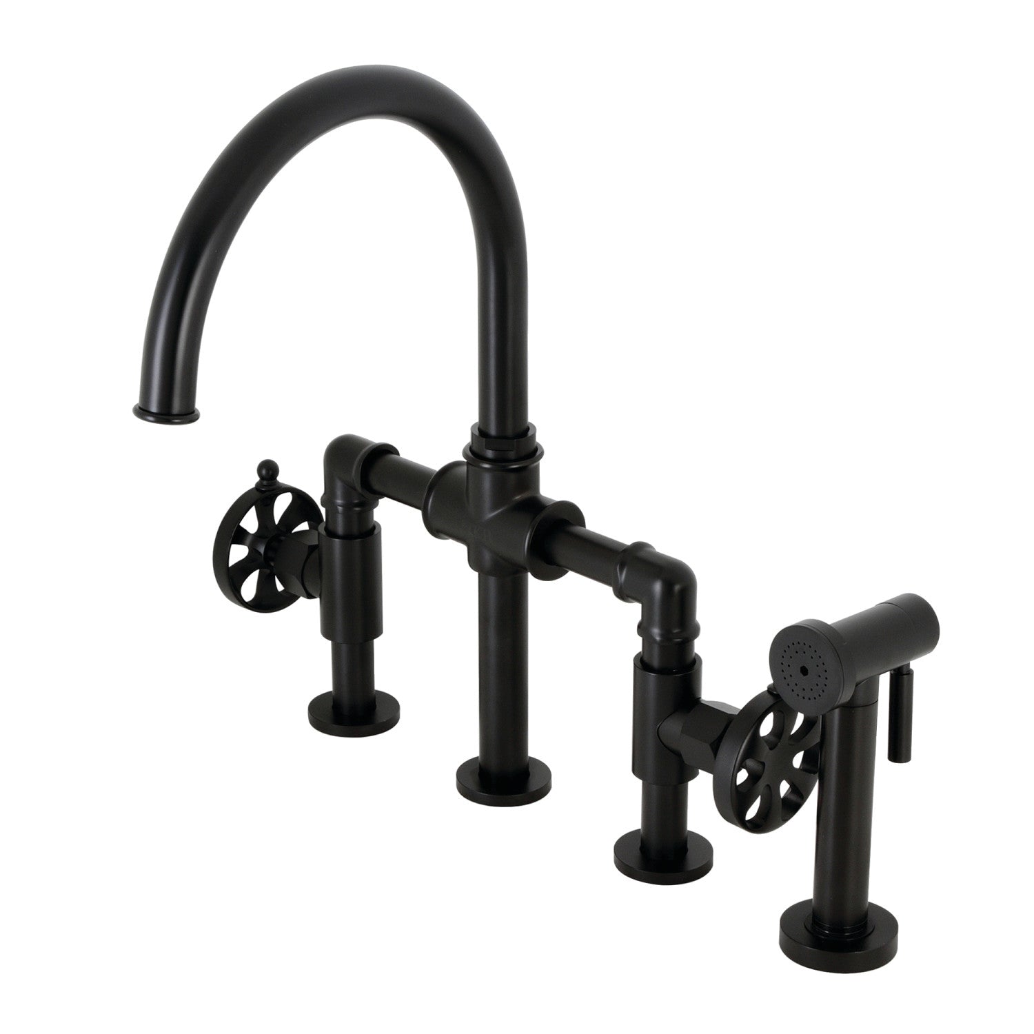 Kingston Sona KS2330RX - Belknap Robinet de cuisine à deux poignées 4 trous montage sur plage Industrial Style Bridge avec pulvérisateur en laiton, noir mat