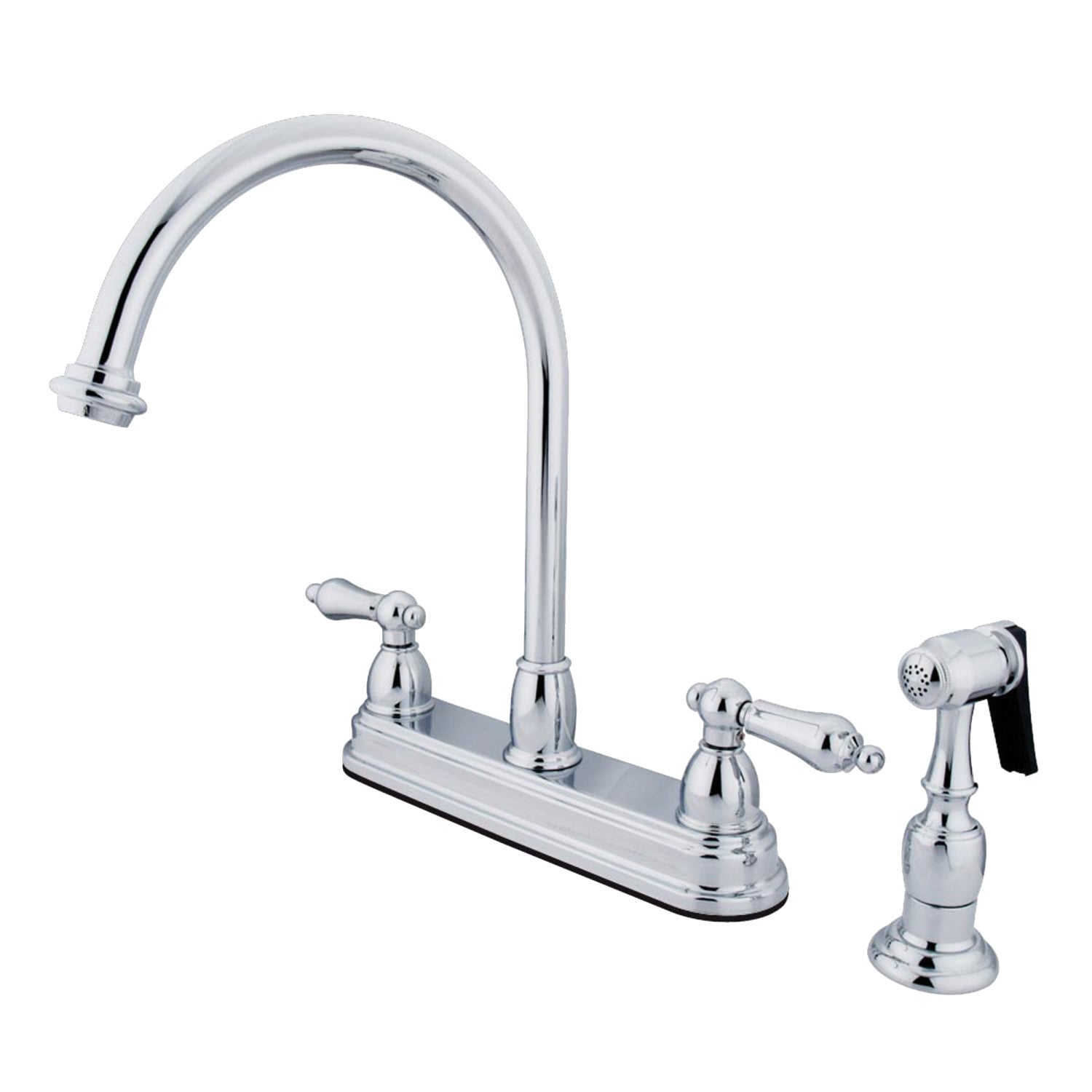 Kingston Heirloom KB3751ALBS - Robinet de cuisine central à deux poignées 4 trous 8 avec pulvérisateur en laiton, chrome poli