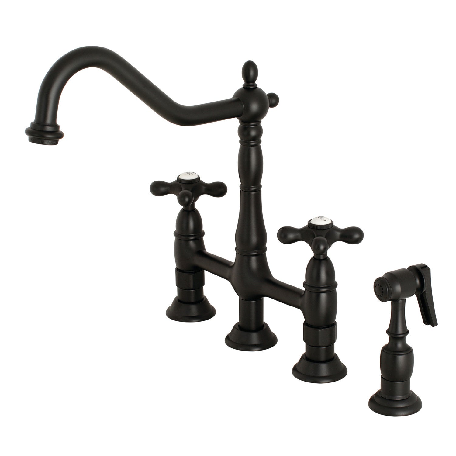 Kingston Heirloom KS1270AXBS - Heritage Two-Handle 4-Hole Deck Mount Bridge Kitchen Faucet with Brass Sprayer, Matte Black