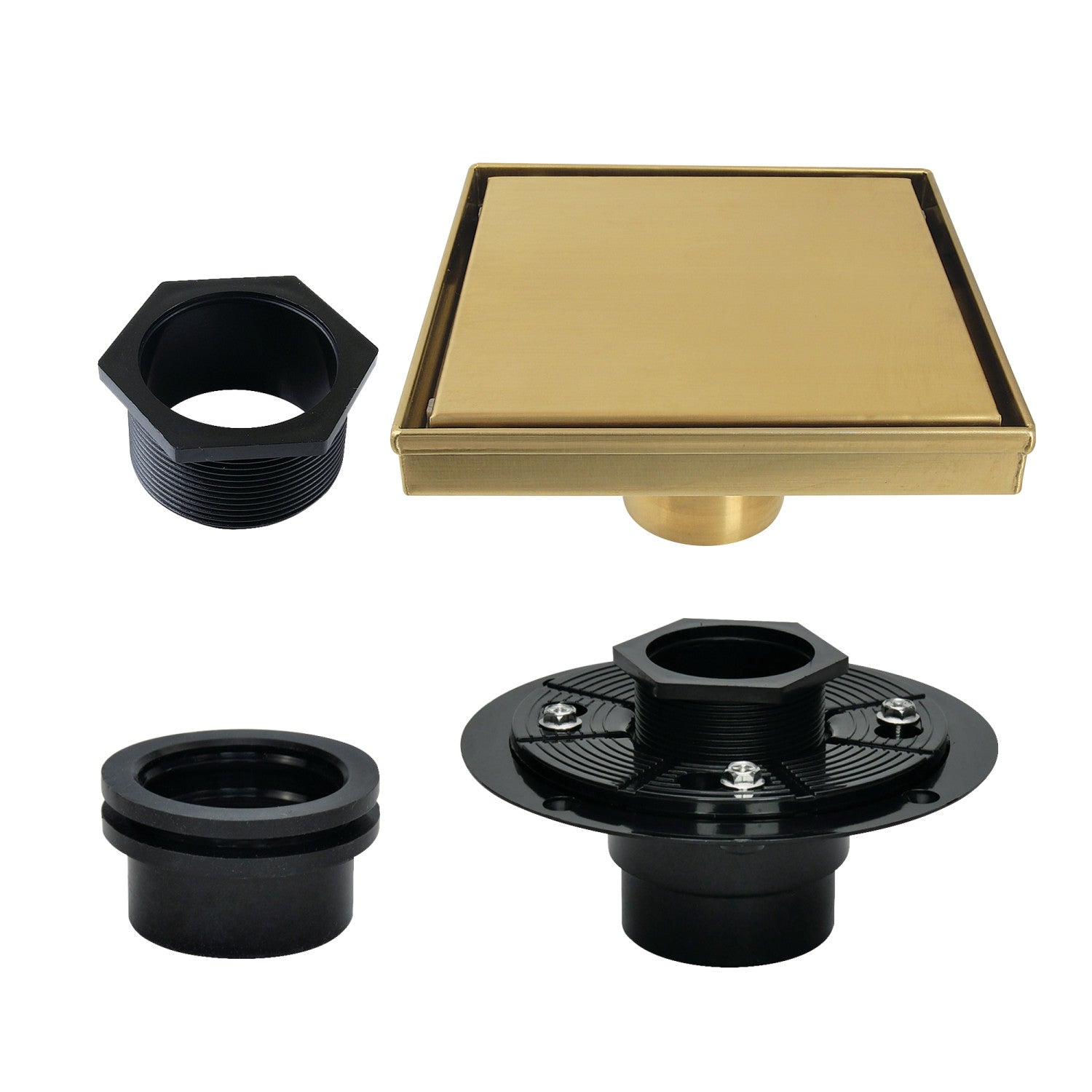 Kingston Watercourse BSFK6627 6-Inch Stainless Steel Square Shower Drain with Flange, Brushed Brass