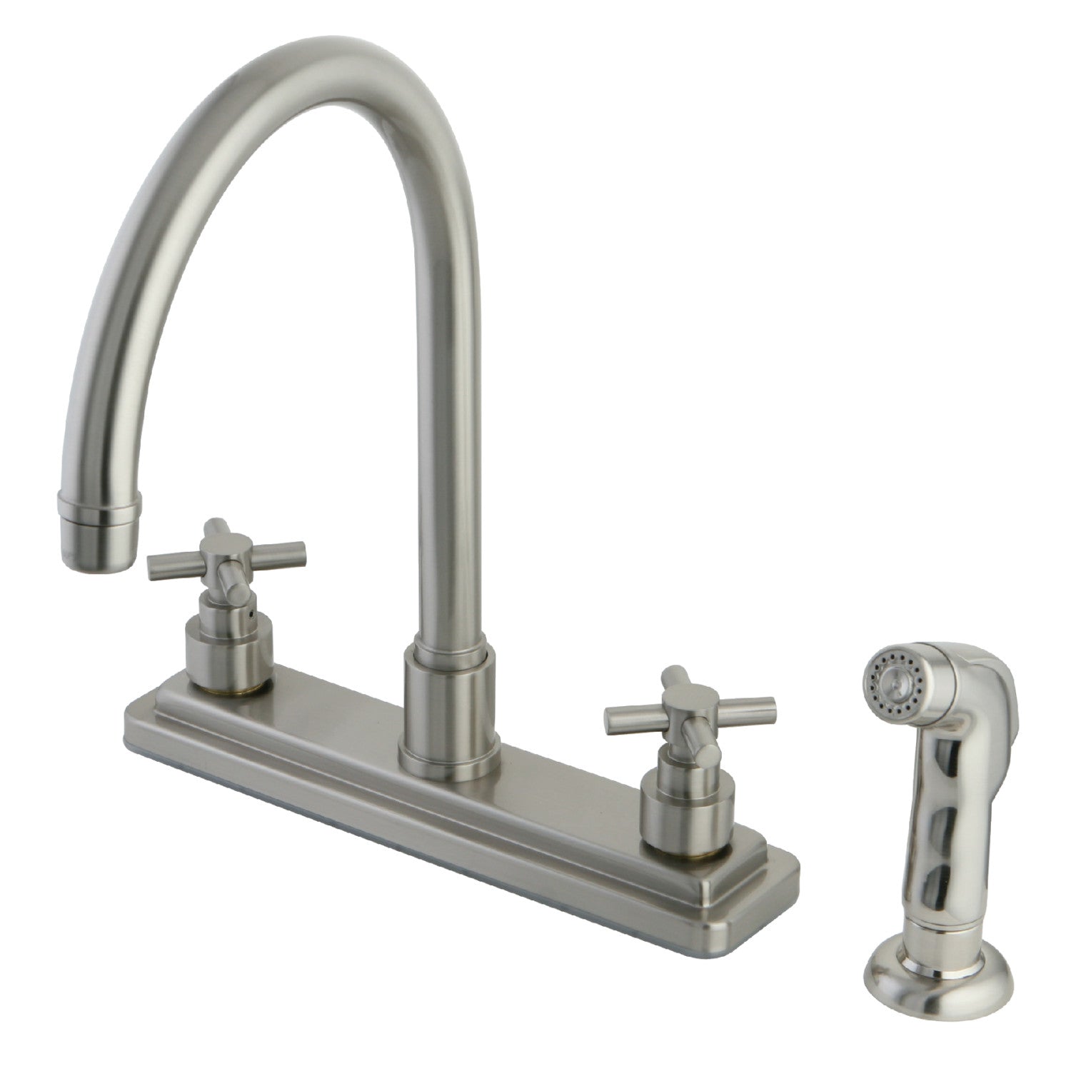 Kingston Tulare KS8798EX Robinet de cuisine à deux poignées 4 trous 8" avec pulvérisateur latéral, Nickel brossé