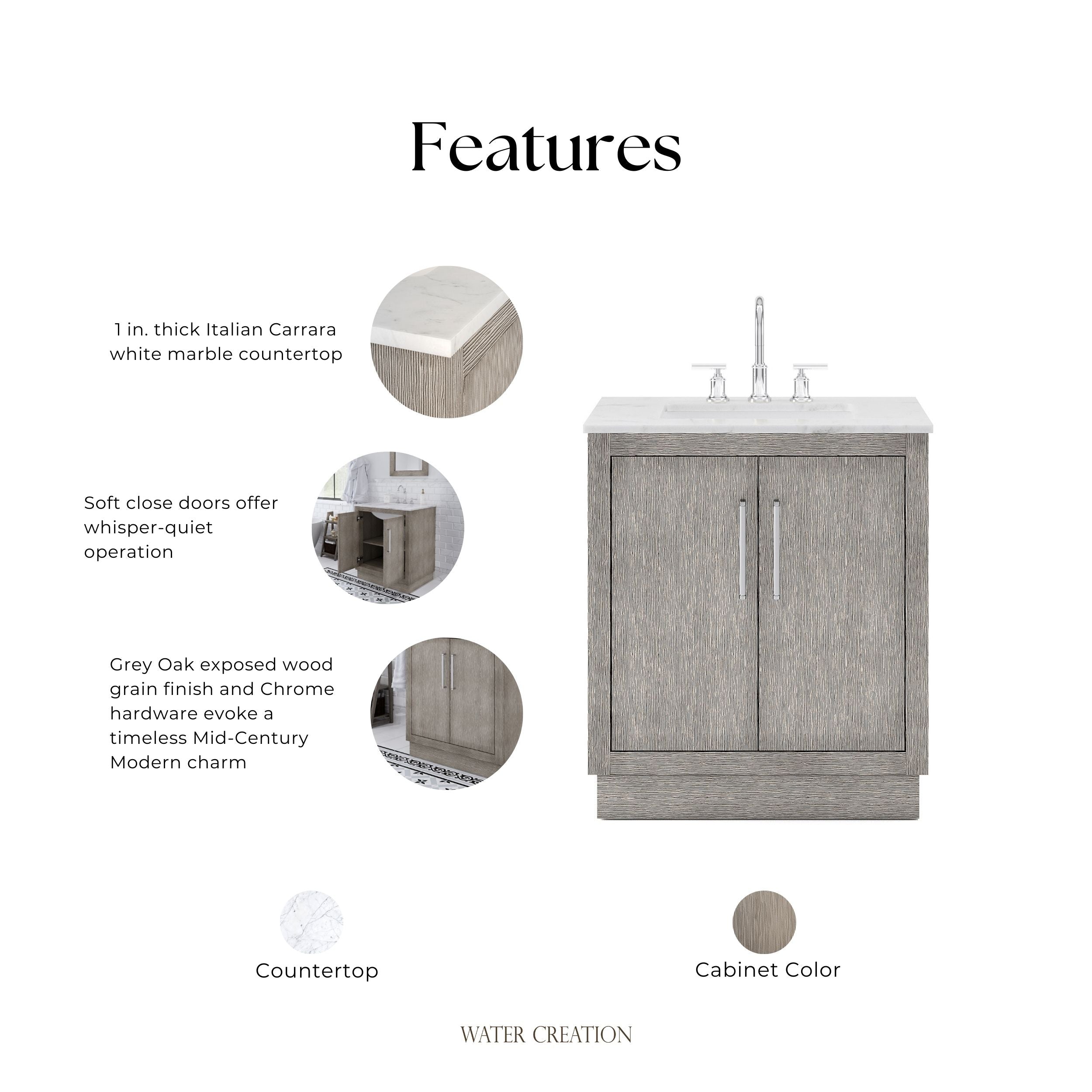 Kingston Luxe HU30CW01GK - 30 in. x 22 in. Bathroom Vanity Marble Top and White Basin, Grey Oak