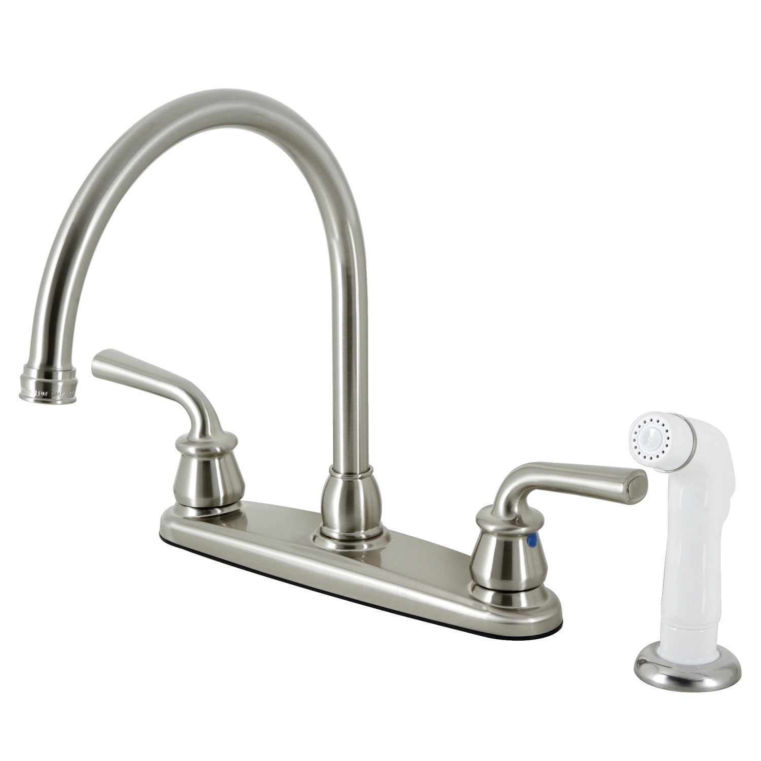Kingston Tulare KB728RXL - Robinet de cuisine central à deux poignées avec pulvérisateur latéral blanc, nickel brossé