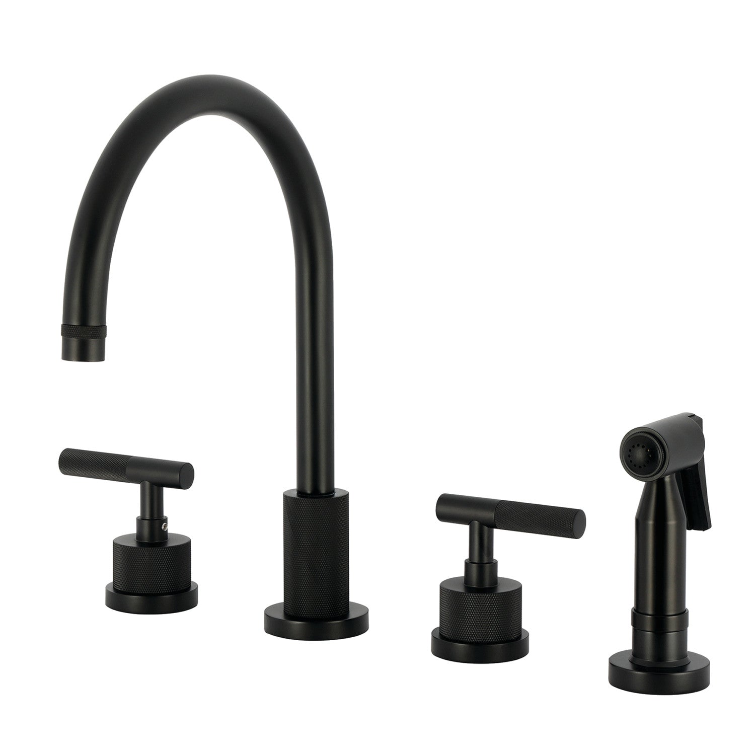Kingston Sona KS8720KNLBS - Robinet de cuisine à double poignée convergente 4 trous avec poignée moletée 4 trous et pulvérisateur en laiton, noir mat