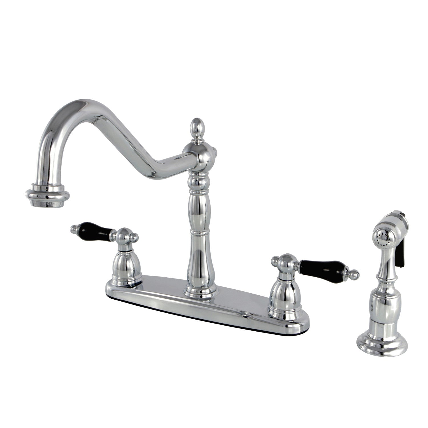 Kingston Heirloom KB1751PKLBS - Robinet de cuisine central à deux poignées 4 trous 8" avec pulvérisateur en laiton, chrome poli