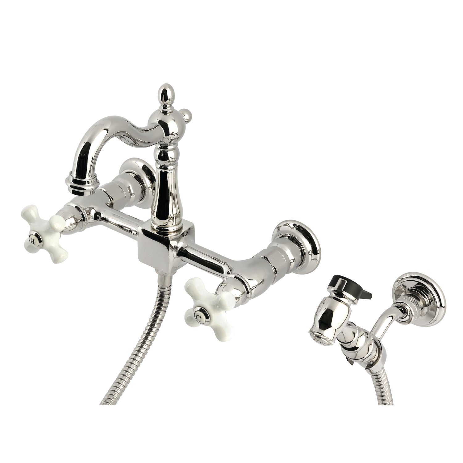Kingston Heirloom KS2446PXBS - Robinet de cuisine à deux poignées Heritage 3 trous avec pulvérisateur en laiton, nickel poli