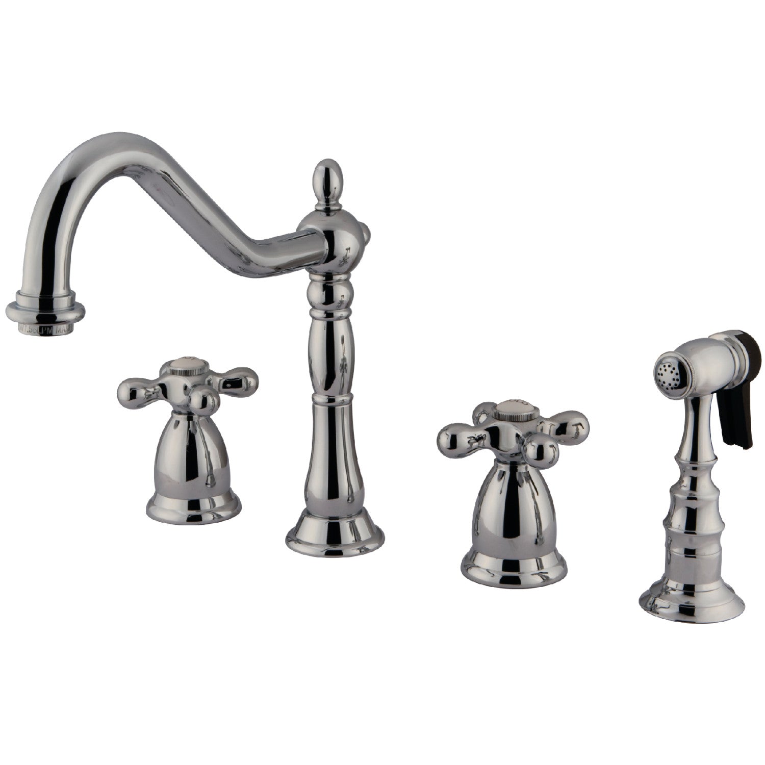 Kingston Heirloom KS1791AXBS - Robinet de cuisine à double poignée Heritage 4 trous avec pulvérisateur en laiton, chrome poli