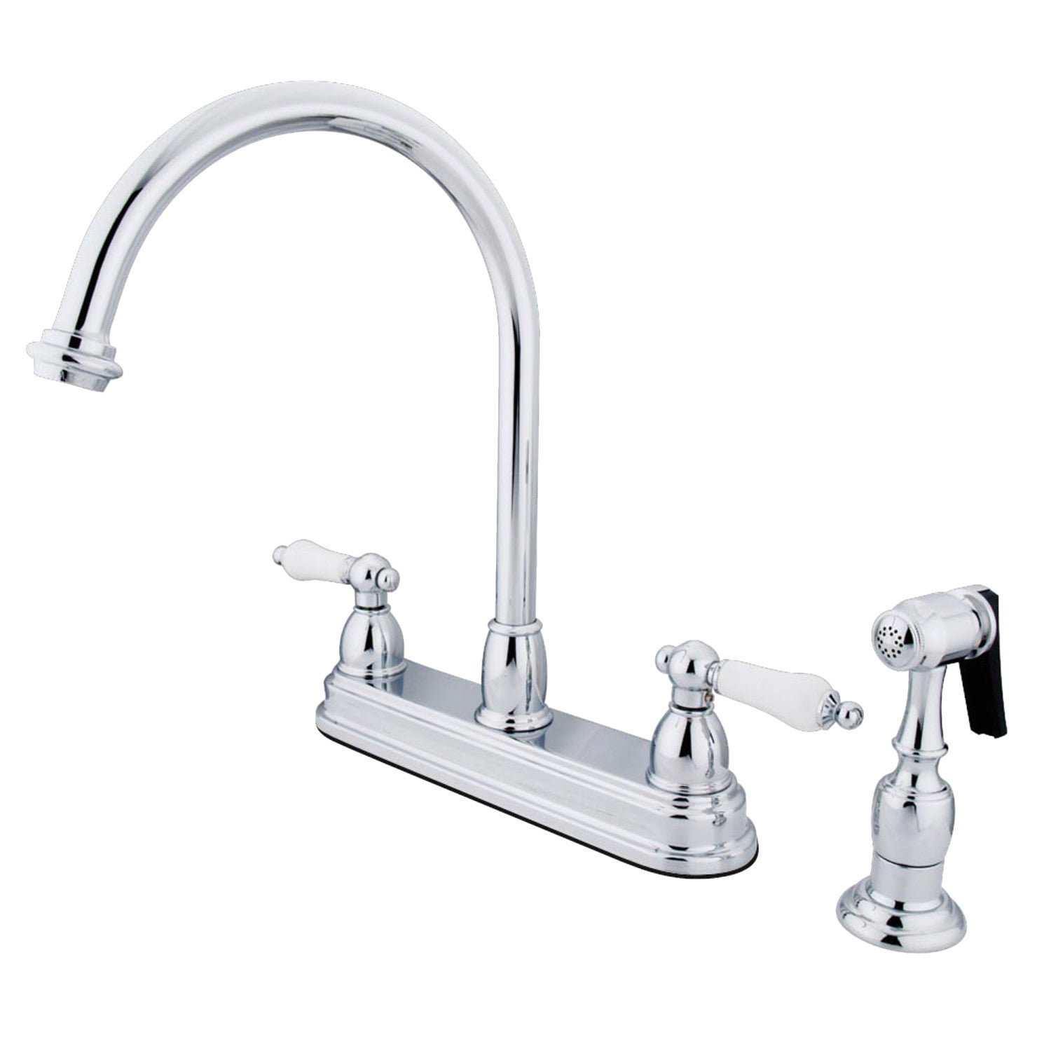 Kingston Heirloom KB3751PLBS - Robinet de cuisine central à deux poignées 4 trous 8 avec pulvérisateur en laiton, chrome poli