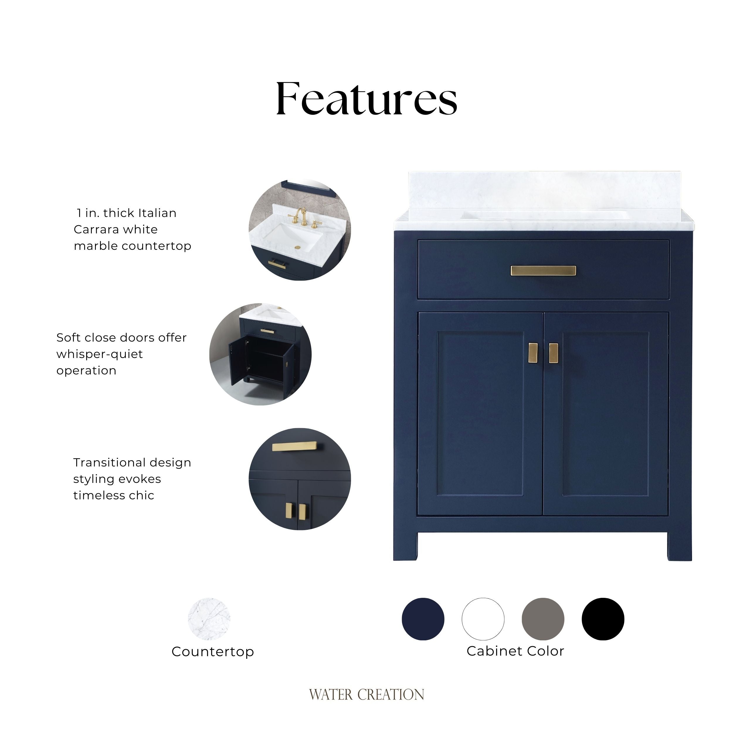 Kingston Luxe MS30CW06MB - 30 in. x 21.5 in. Bathroom Vanity Marble Top in Carrara White and White Basin, Blue