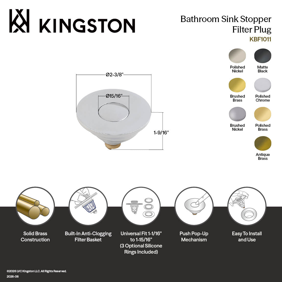 Kingston Trimscape KBF1018 Brass Sink Filter Plug (Center Pop-Up), Brushed Nickel