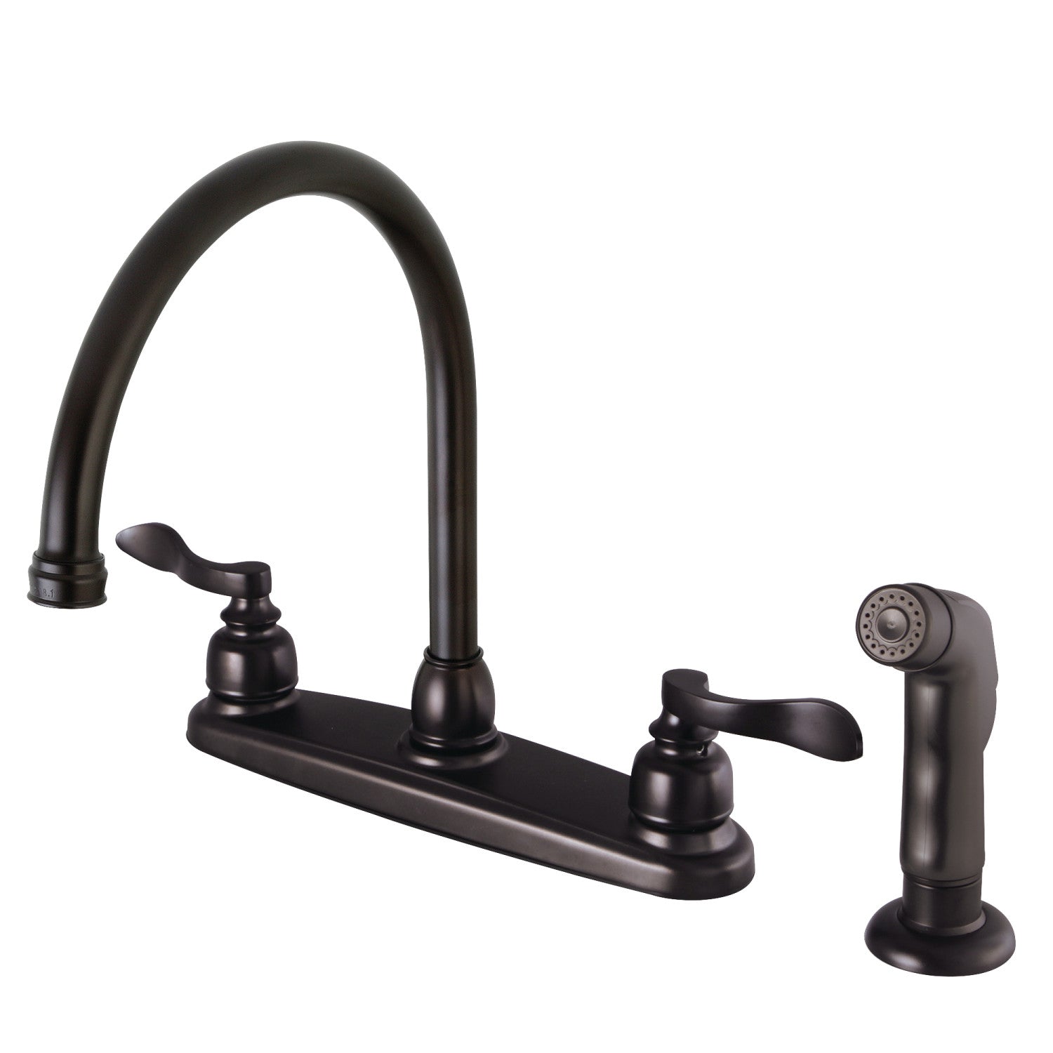 Kingston Tulare FB795NFLSP - NuWave Robinet de cuisine à deux poignées français 4 trous 8" robinet de cuisine avec pulvérisateur latéral, bronze frotté à l'huile