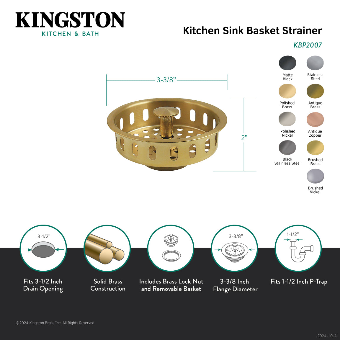 Kingston Made To Match KBP2000MB 3-1/2 Inch Kitchen Sink Basket Strainer Only, Matte Black