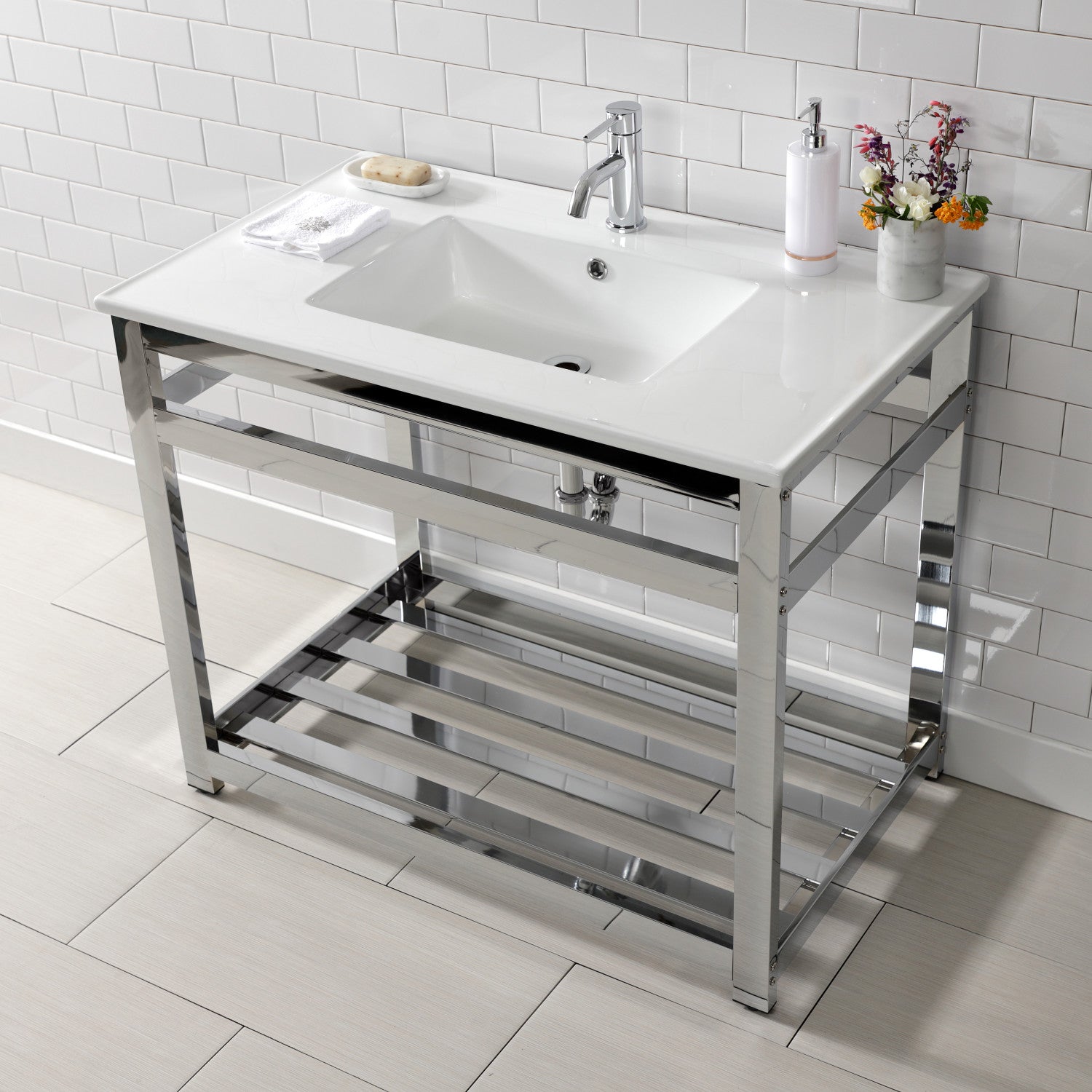 Kingston Quadras VWP3722A1 37-Inch Ceramic Console Sink with Steel Base and Shelf (1-Hole), White/Polished Chrome