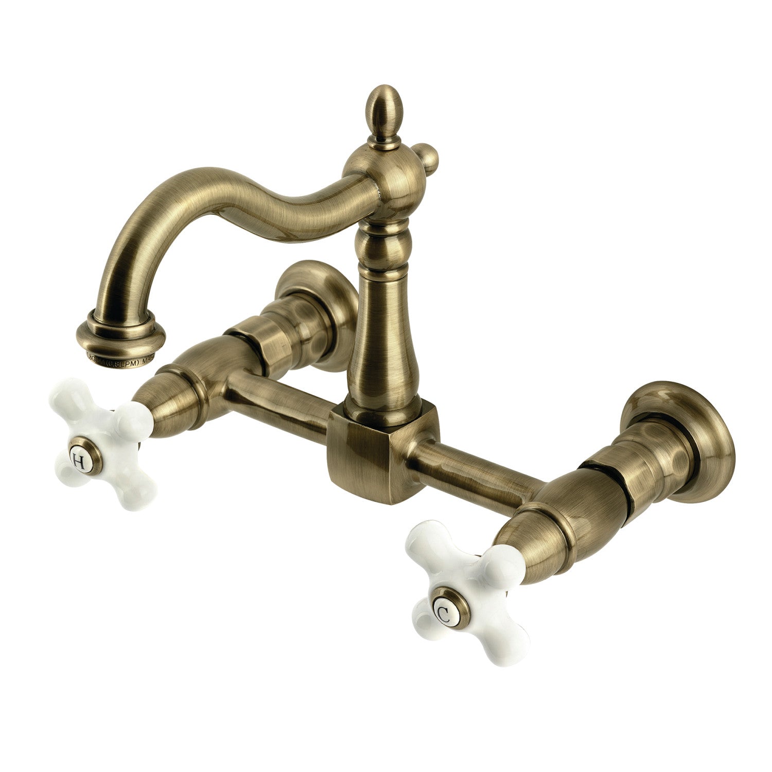 Kingston Heirloom KS1263PX - Robinet de cuisine à deux poignées Heritage 2 trous Wall Mount Bridge, laiton antique