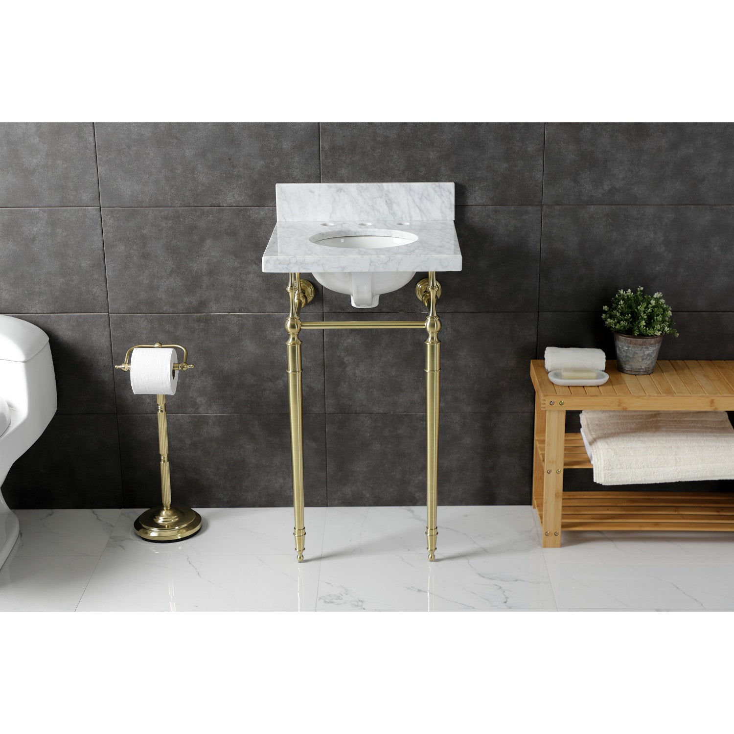 Kingston Heirloom KVPB1917M387ST - Edwardian 19-Inch Carrara Marble Console Sink with Brass Legs (8-Inch, 3-Hole), Carrara Marble White/Brushed Brass