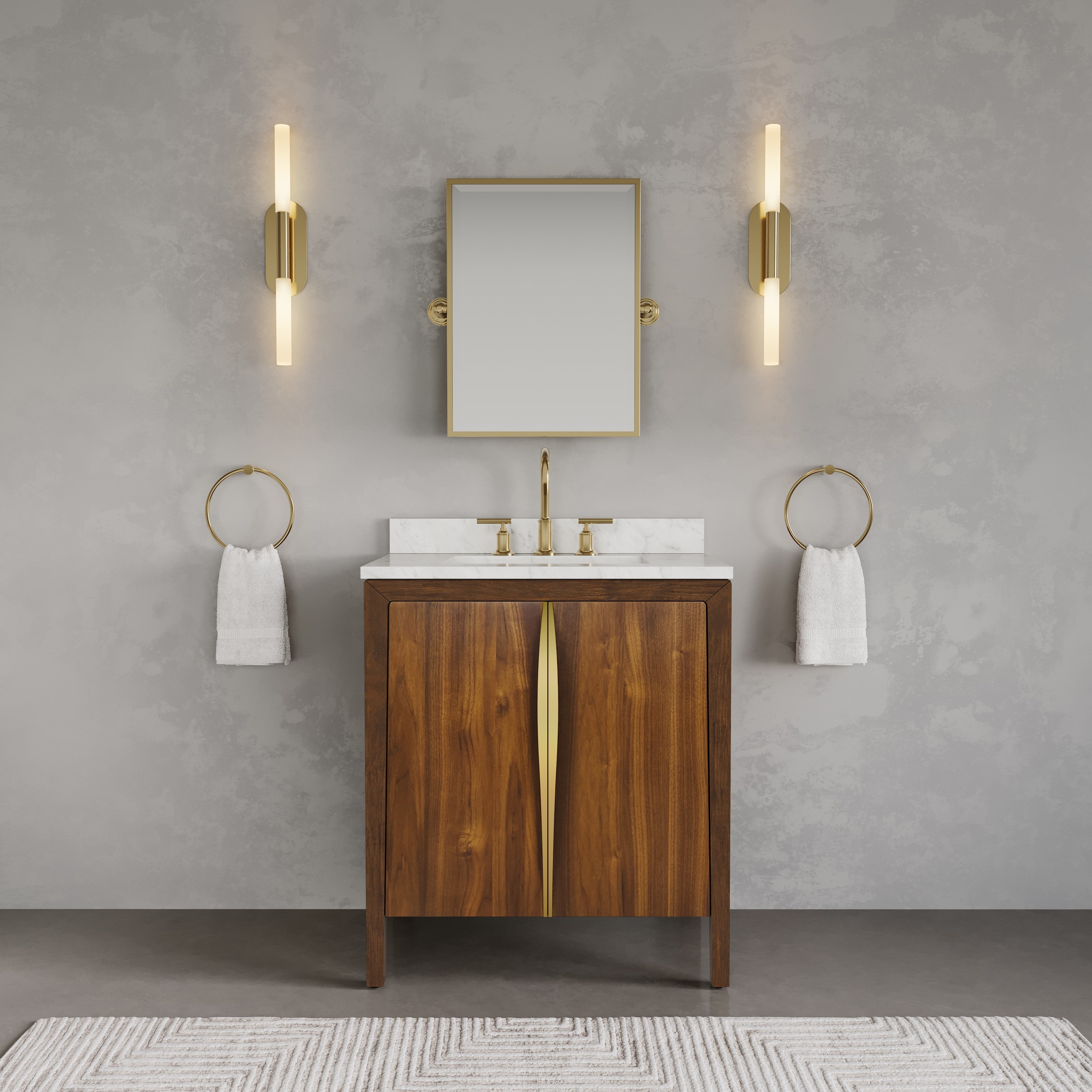 Kingston Luxe FE30CW06NJ - 30 in. x 22 in. Bathroom Vanity Single Sink with Carrara White Marble Top and White Basin, Noir Juglans