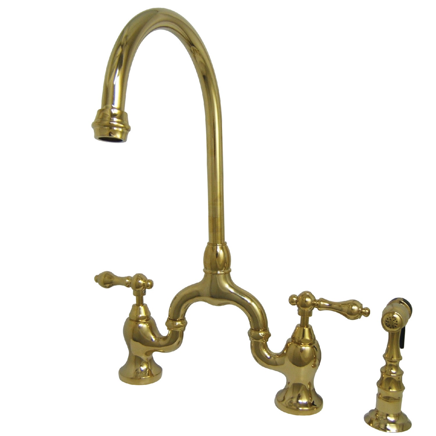 Kingston Heirloom KS7792ALBS - English Country Two-Handle 3-Hole Deck Mount Bridge Kitchen Faucet with Brass Sprayer, Polished Brass