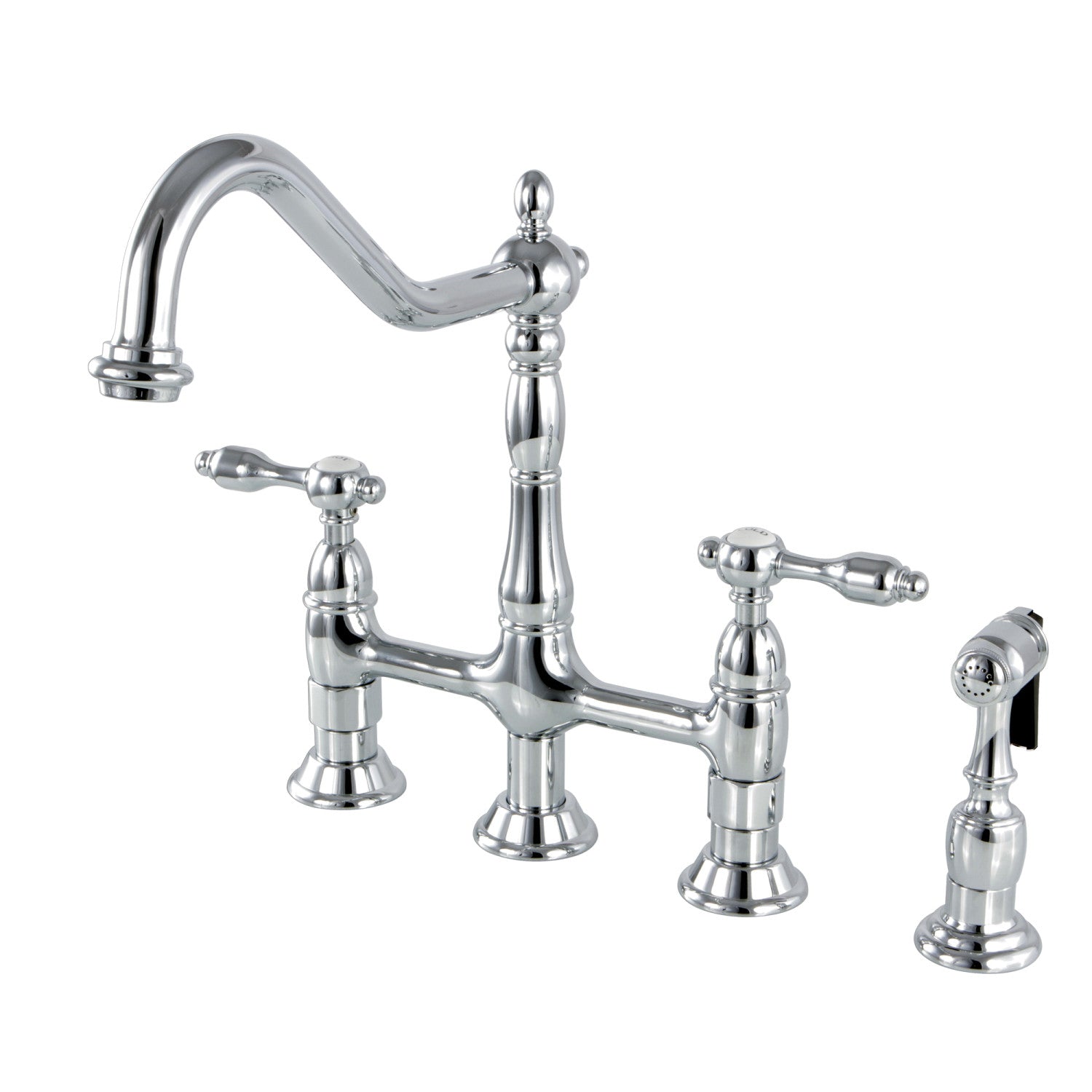 Kingston Heirloom KS1271TALBS - Tudor Two-Handle 4-Hole Deck Mount Bridge Kitchen Faucet with Brass Sprayer, Polished Chrome