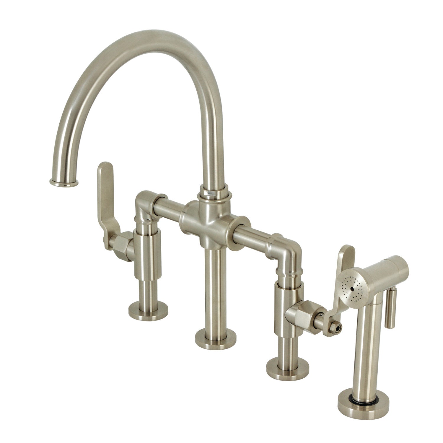 Kingston Sona KS2338KL - Robinet de cuisine à pont à deux poignées Whitaker 4 trous avec pulvérisateur en laiton, nickel brossé