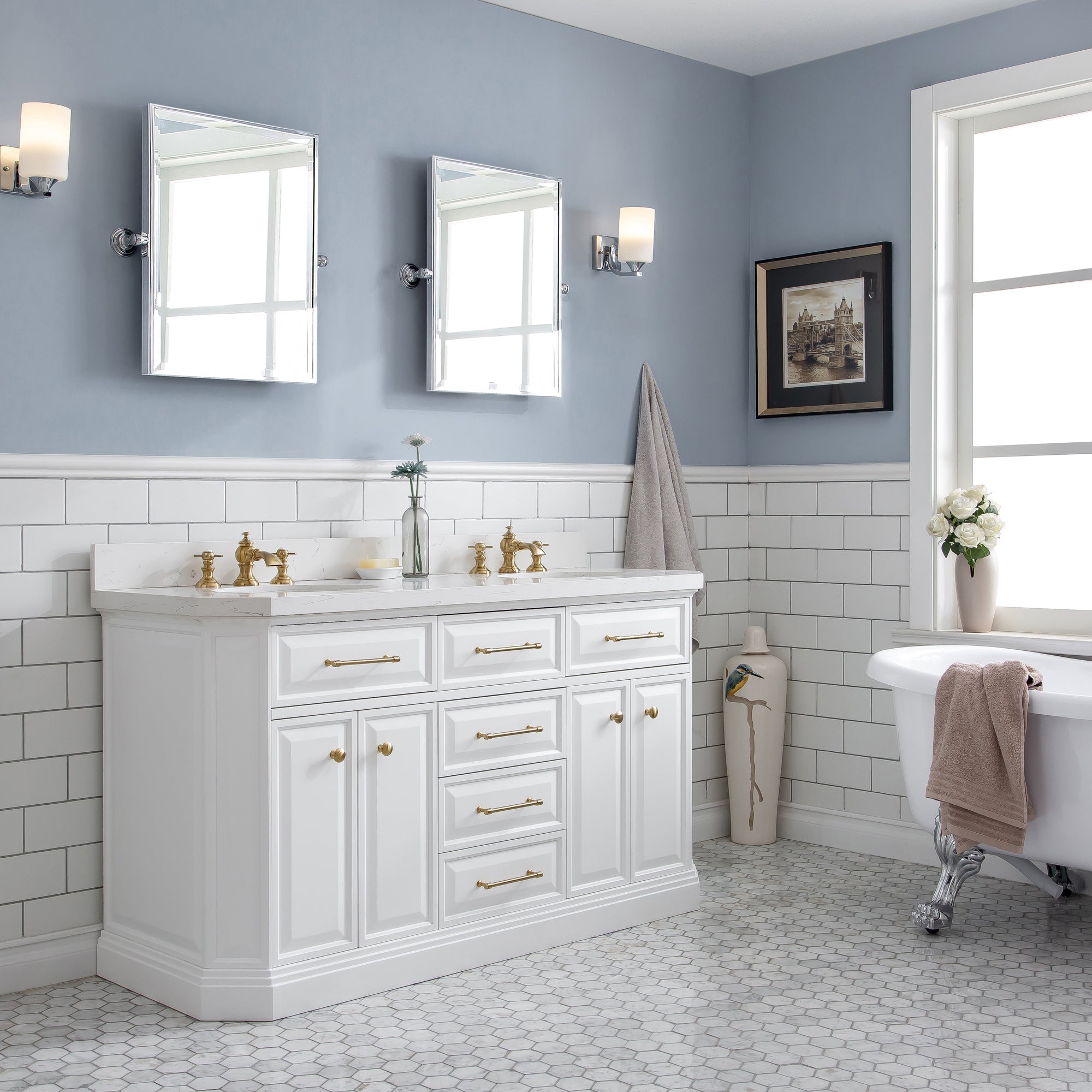 Kingston Luxe PA60QZ06PW - 60 in. x 22 in. Bathroom Vanity Quartz Top and White Basin, Pure White