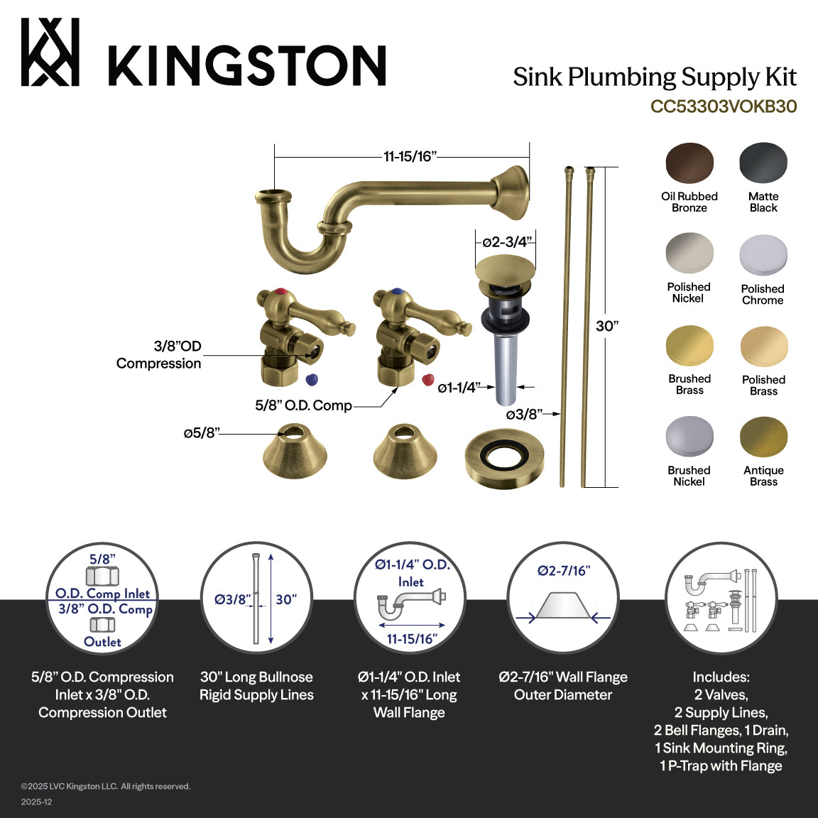 Kingston Heirloom CC53305VOKB30 - Trimscape Traditional Plumbing Sink Trim Kit with P-Trap and Overflow Drain, Oil Rubbed Bronze