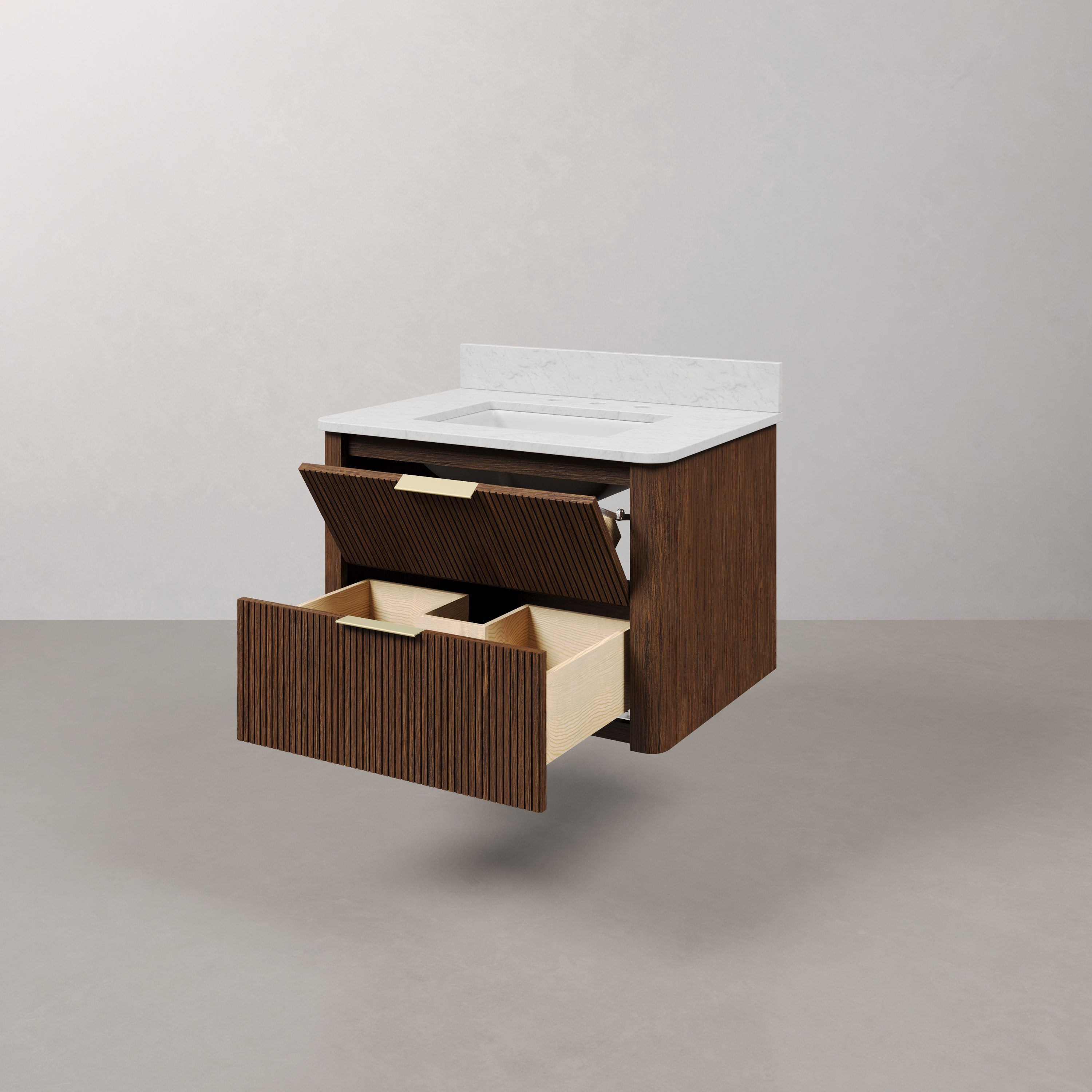 Kingston Luxe EU30EM00TO - 30 in. x 22 in. Bathroom Vanity Single Sink Freestanding with Carrara White Engineered Stone Top, Truffle Oak