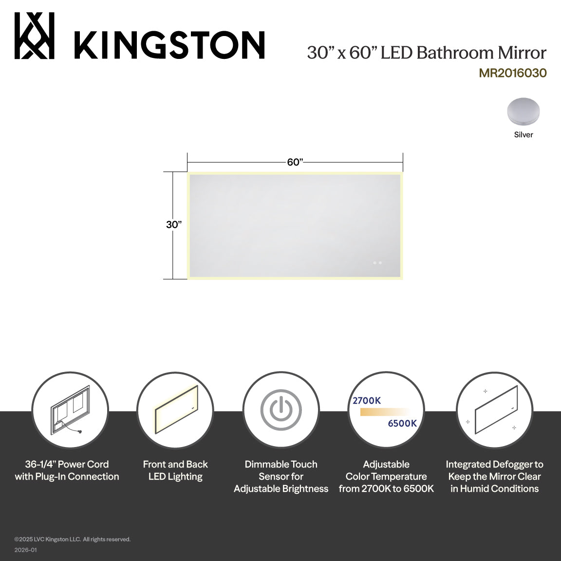 Kingston Aurora MR2016030 30-Inch x 60-Inch LED Bathroom Mirror, Front and Back Light, Anti-Fog, Dimmable Touch Sensor Lighted Mirror, Silver