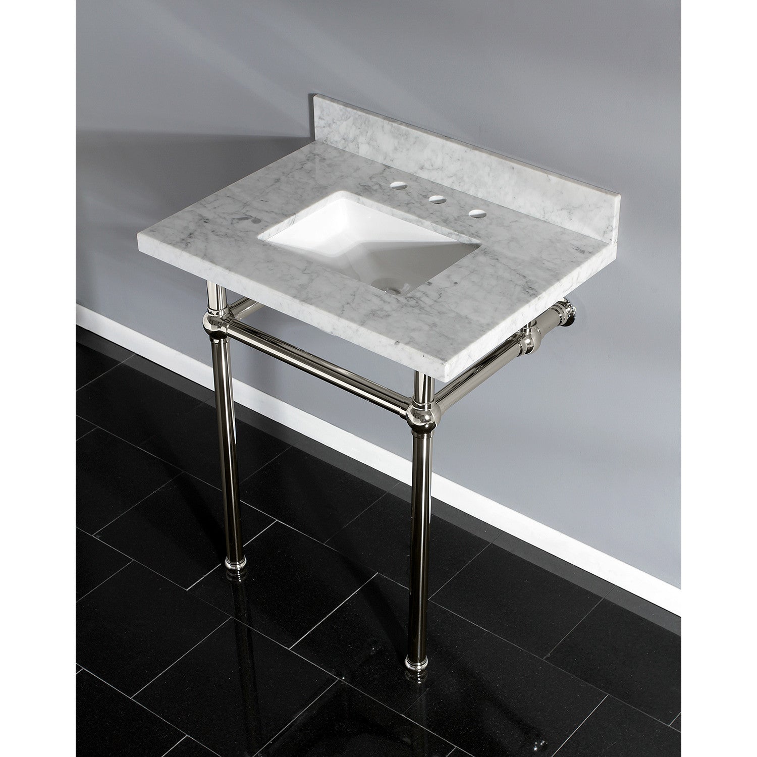 Kingston Heirloom KVPB30MBSQ6 - Templeton 30-Inch Carrara Marble Vanity Top with Brass Legs (8-Inch, 3-Hole), Carrara Marble White/Polished Nickel