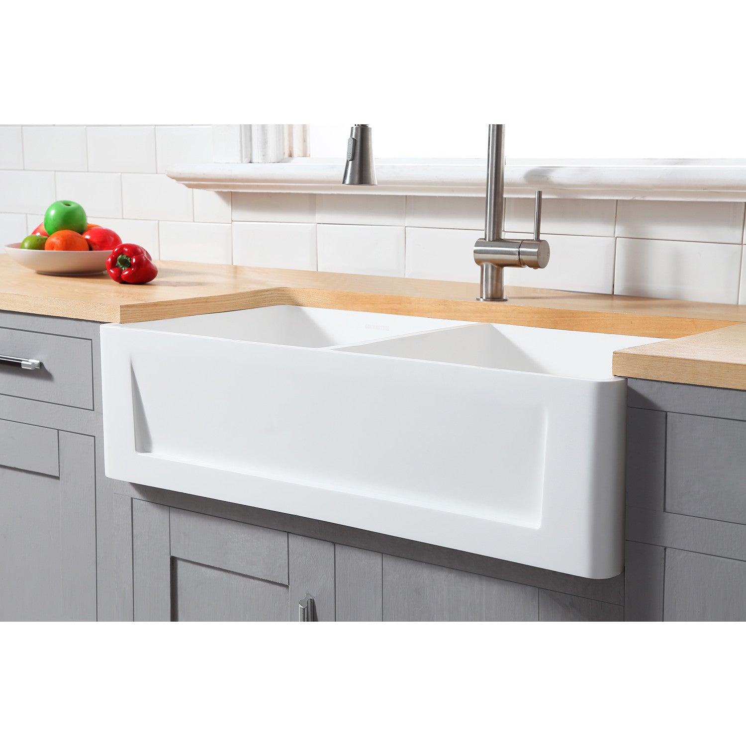Kingston Arcticstone GKFA361810SQD 36-Inch Solid Surface White Stone Apron-Front Double Bowl Farmhouse Kitchen Sink with Strainers x 2, Matte White