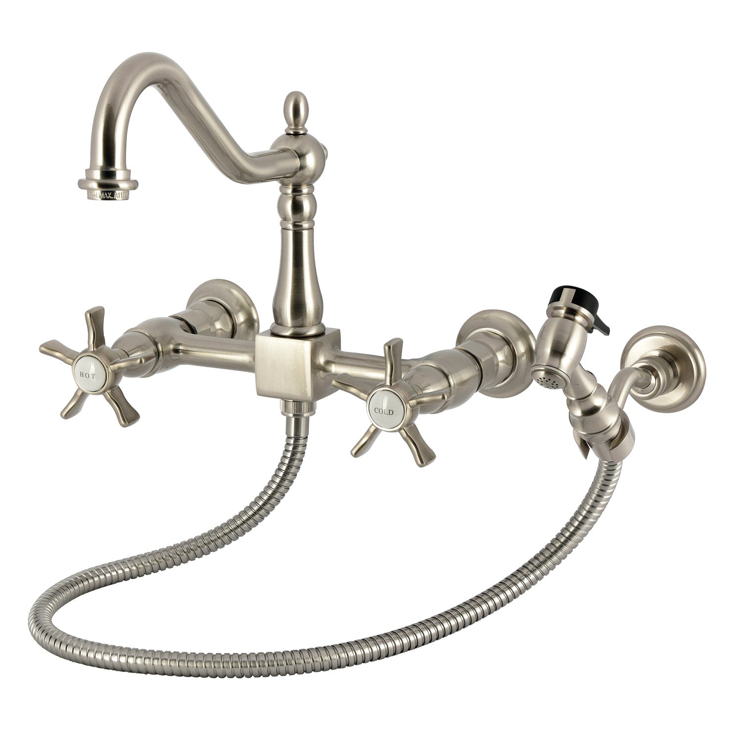 Kingston Heirloom KS1248NXBS - Robinet de cuisine à deux poignées 3 trous Wall Mount Bridge avec pulvérisateur en laiton, nickel brossé